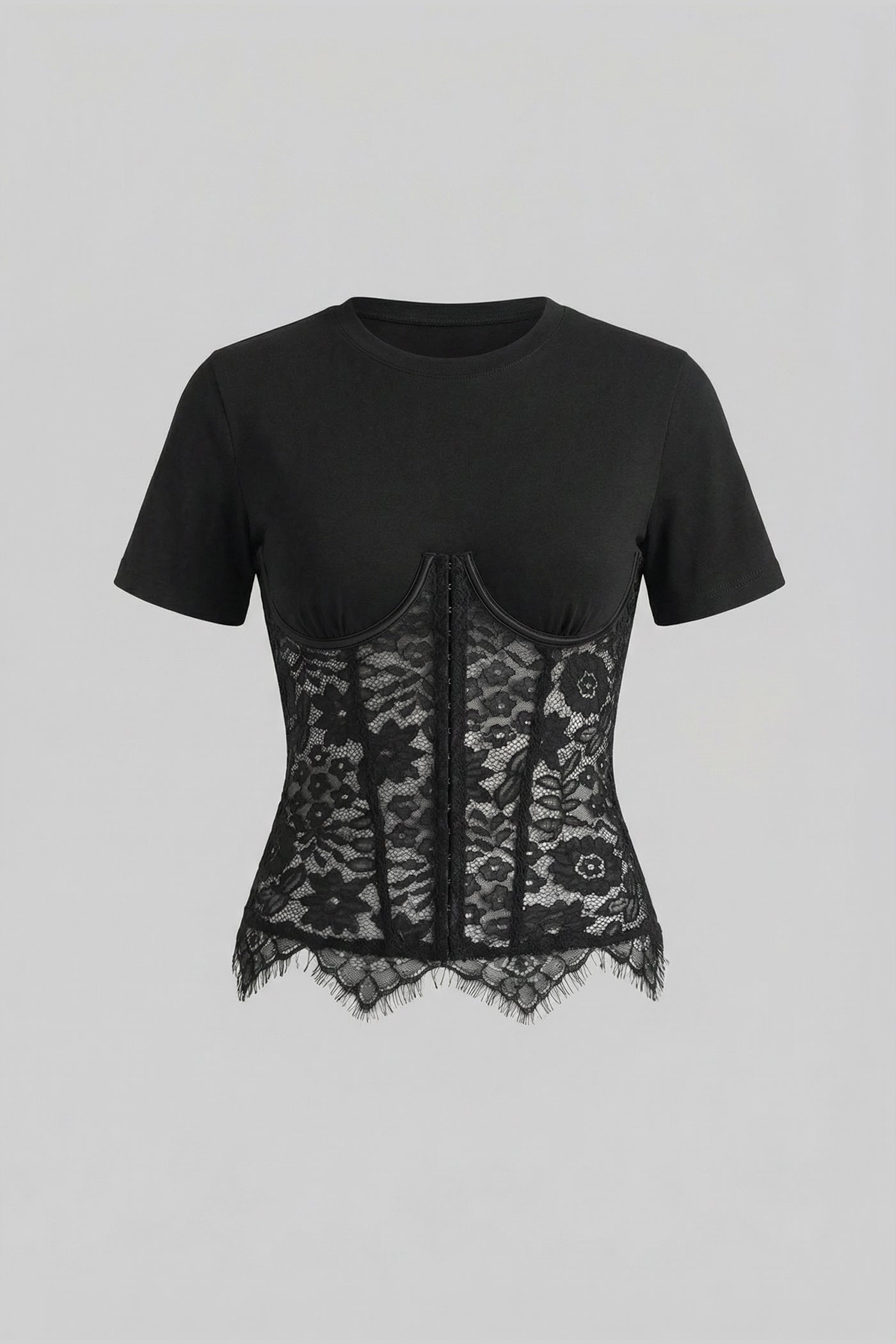Haut à manches courtes avec surcroît corset en dentelle - Noir