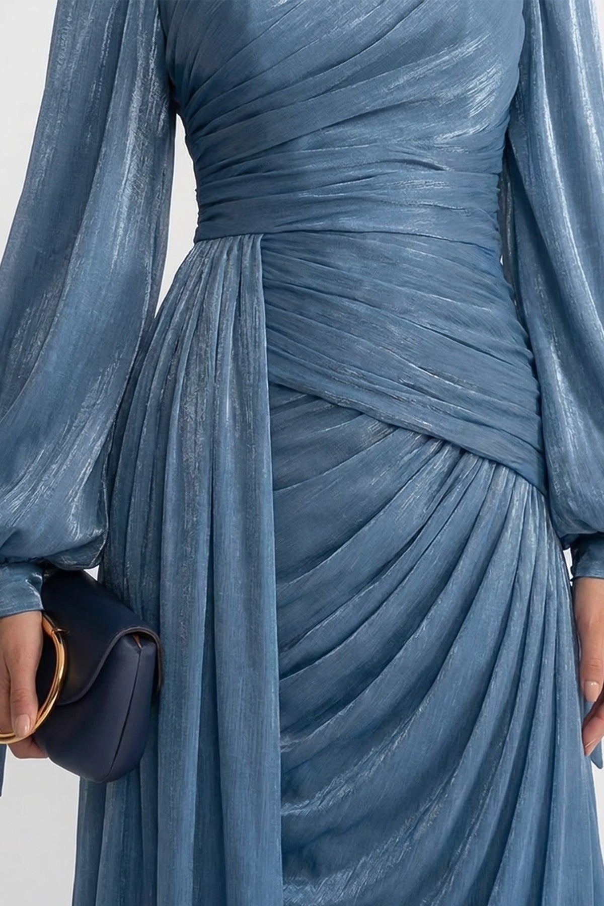 Robe longue drapée à manches longues avec taille froncée – baby blue