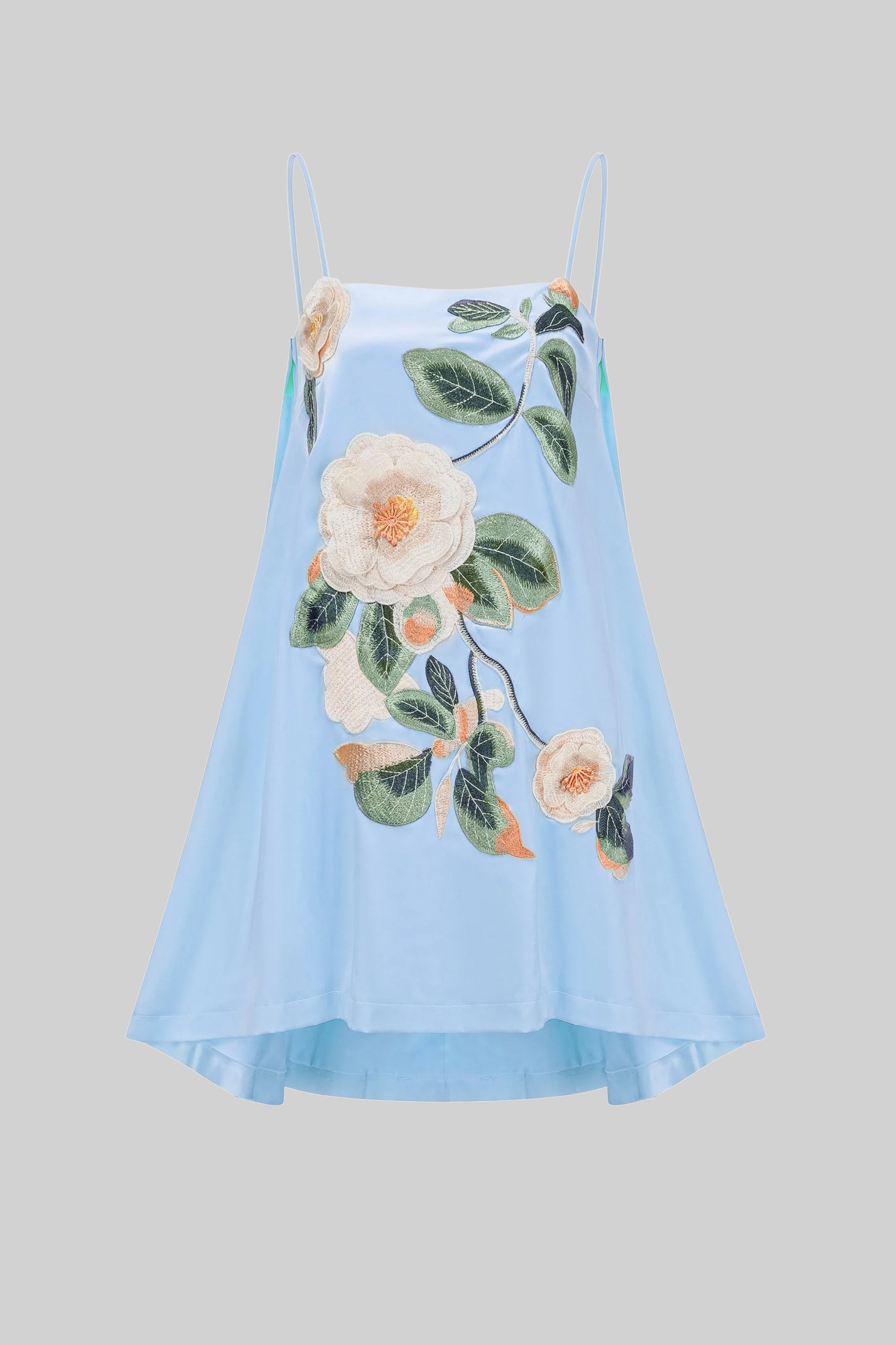 Robe mini à fines bretelles avec appliqué floral 3D et jupe trapèze - Bleu