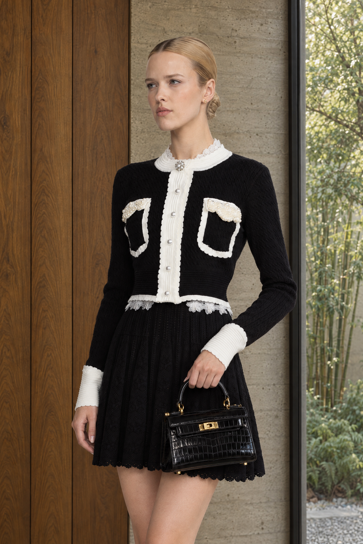 Cardigan court en maille torsadée à finitions contrastées et ornements perles - noir