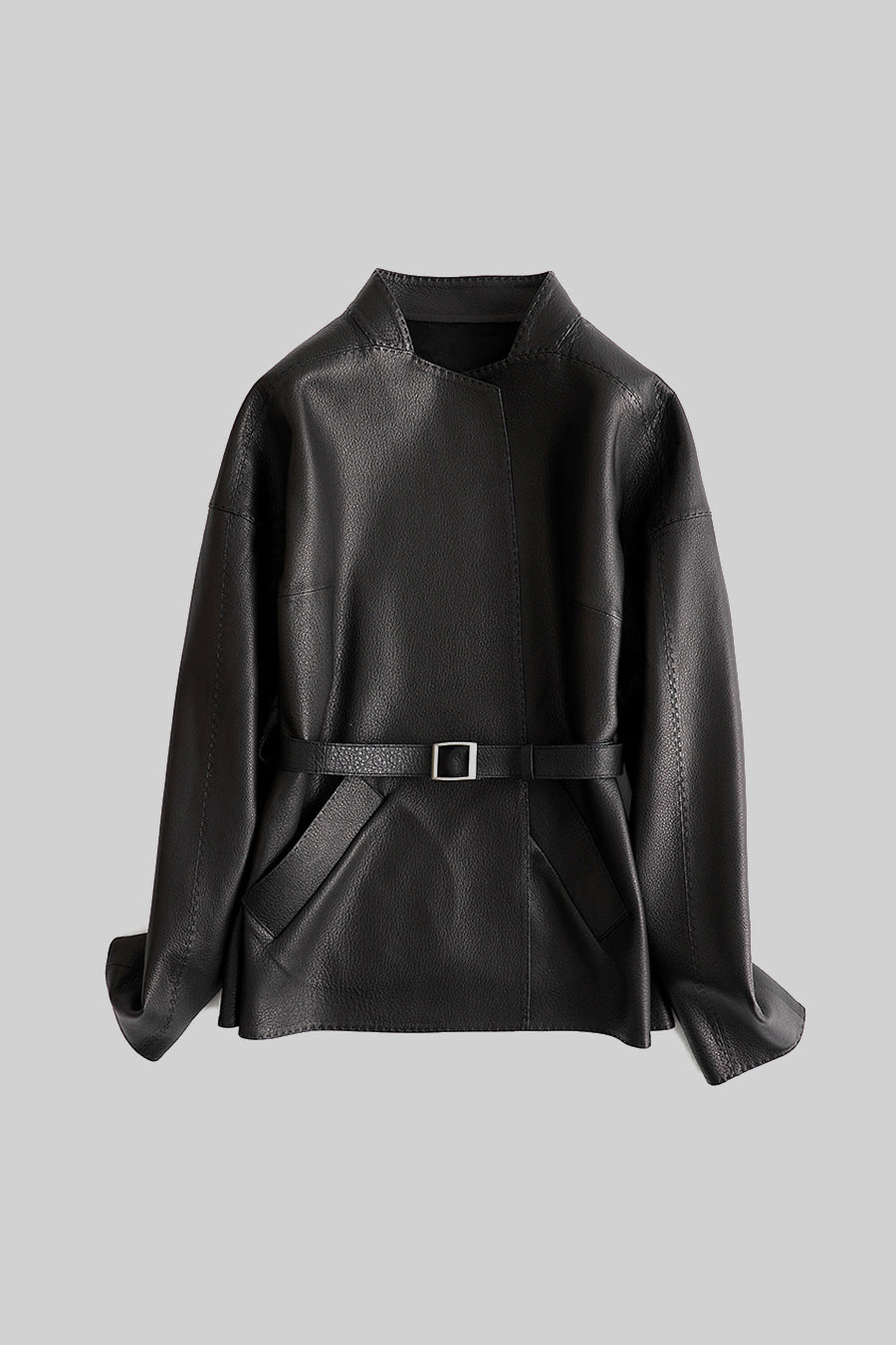 Veste en cuir vegan avec ceinture de taille ajustable - Noir
