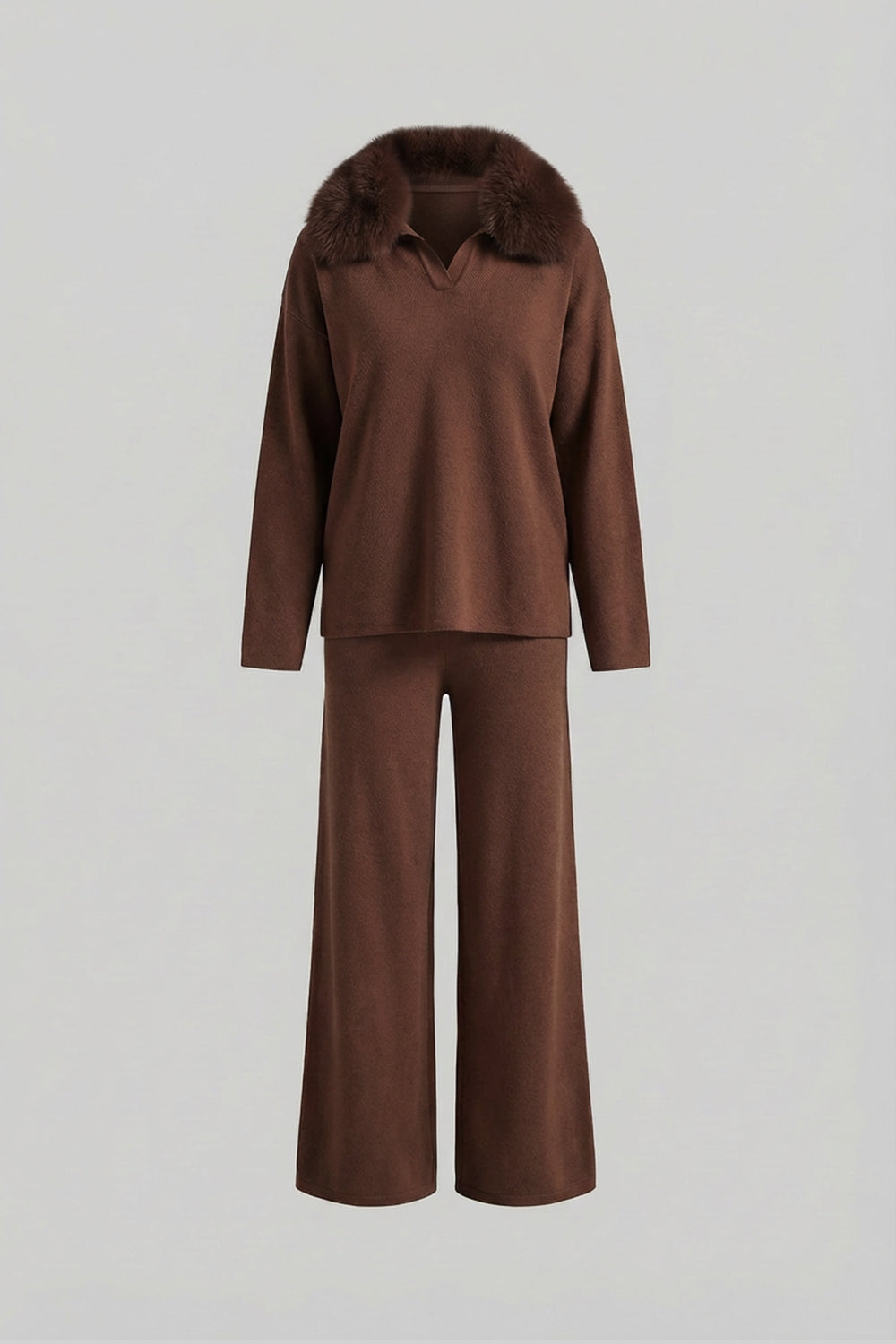 Ensemble coordonné Knit Lounge avec col en fourrure de renard – Marron