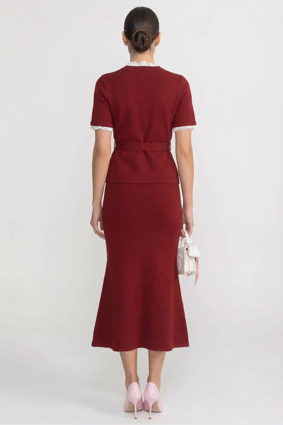 Short Sleeve Co-Ord With Peplum Waist And Crystal Button Belt - Burgundy