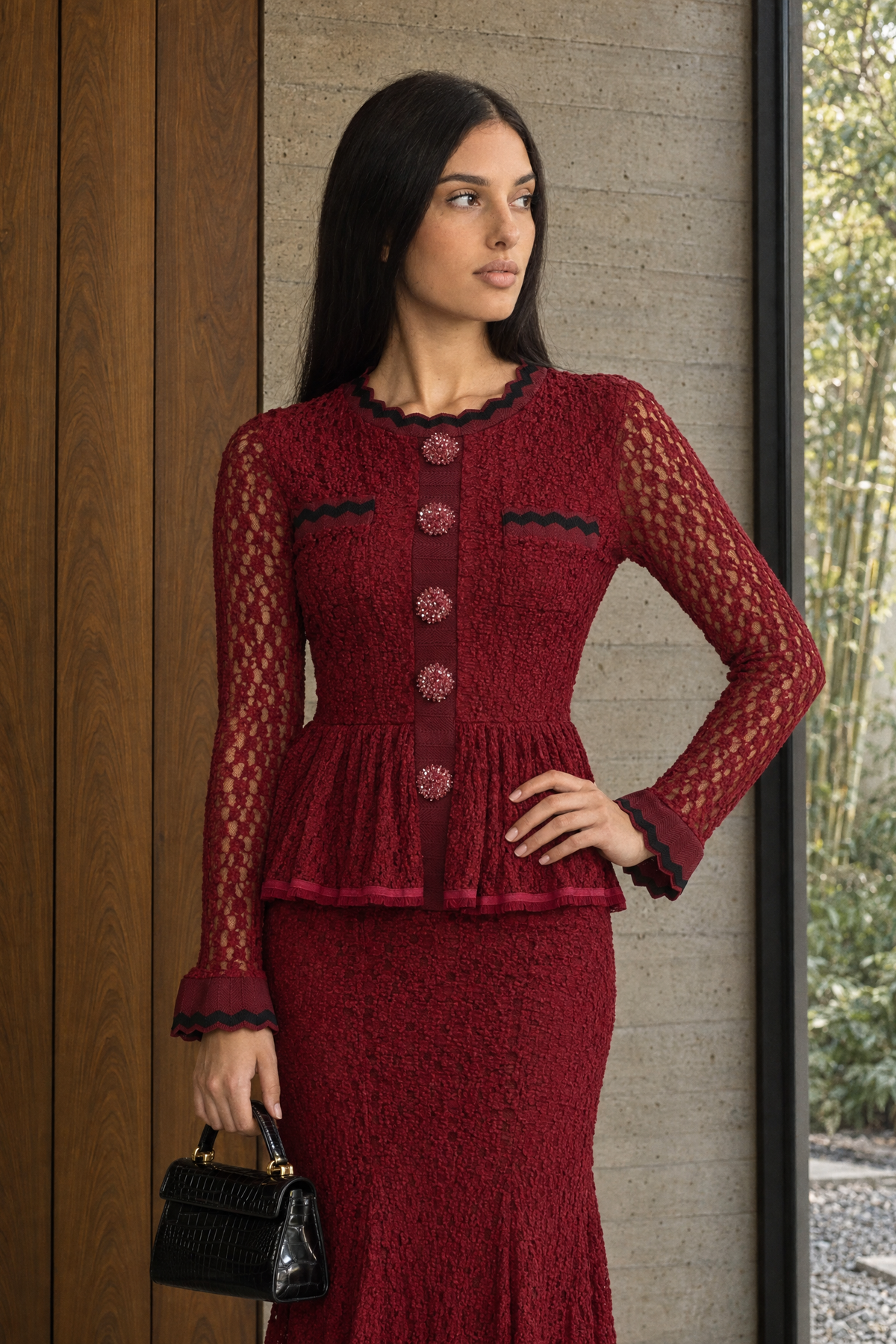 Robe midi péplum en maille crochet avec finition croquet - bordeaux