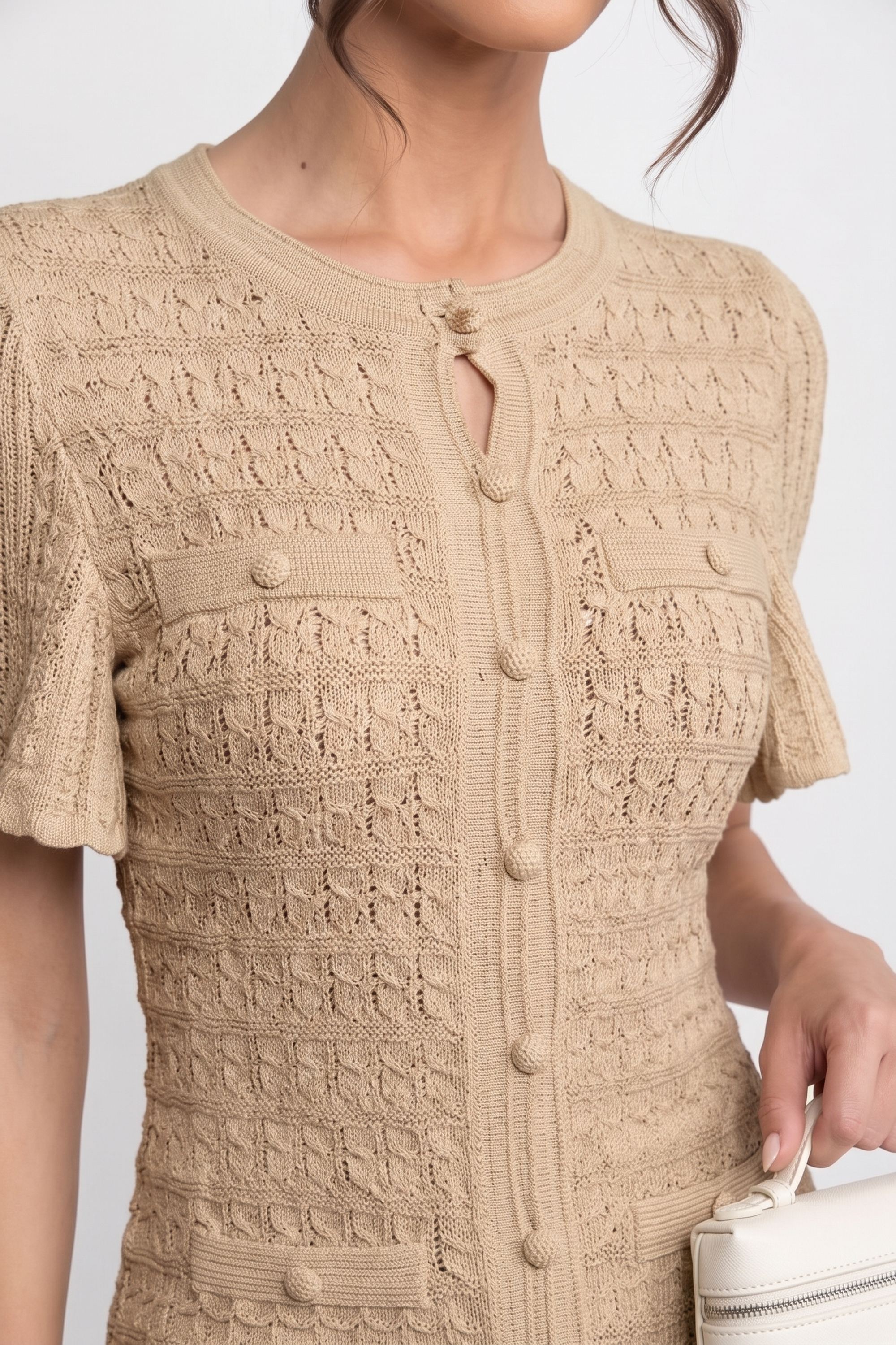 Robe midi à manches courtes avec texture en maille scintillante - Beige
