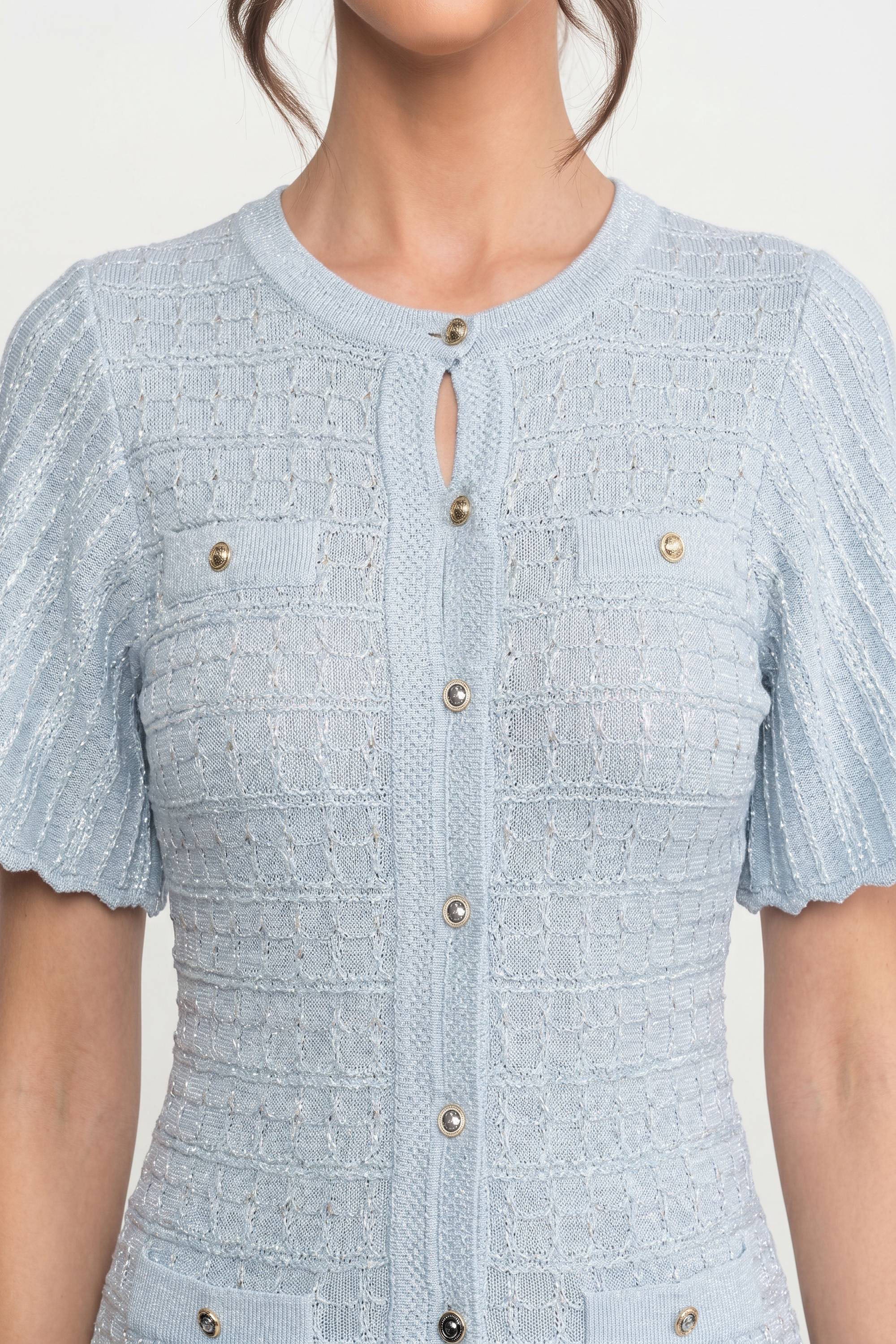 Short Sleeve Midi Dress With Shimmer Knit Texture - Light Blue