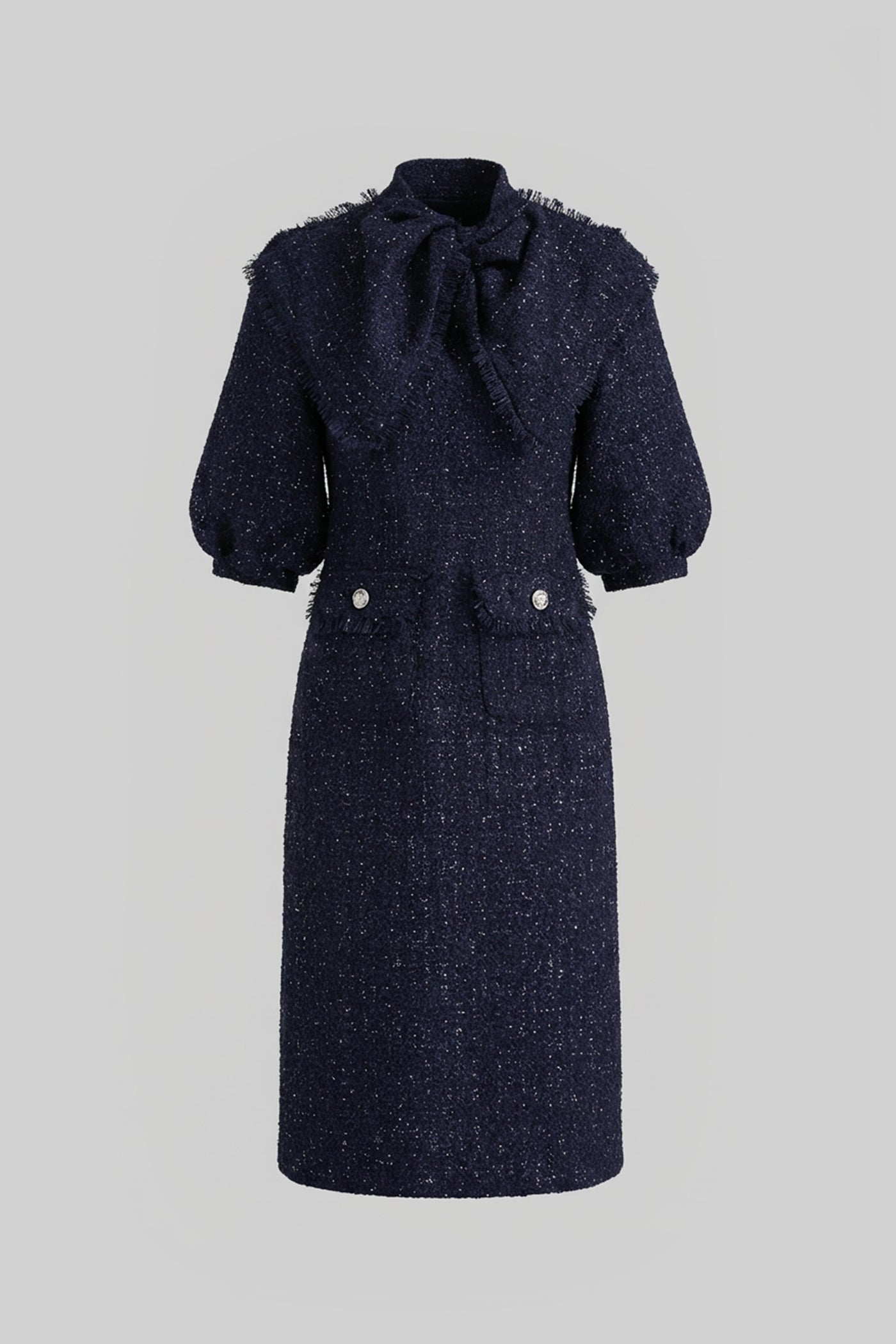Robe Midi en Tweed avec Détail de Col à Nœud Oversize - Bleu Marine