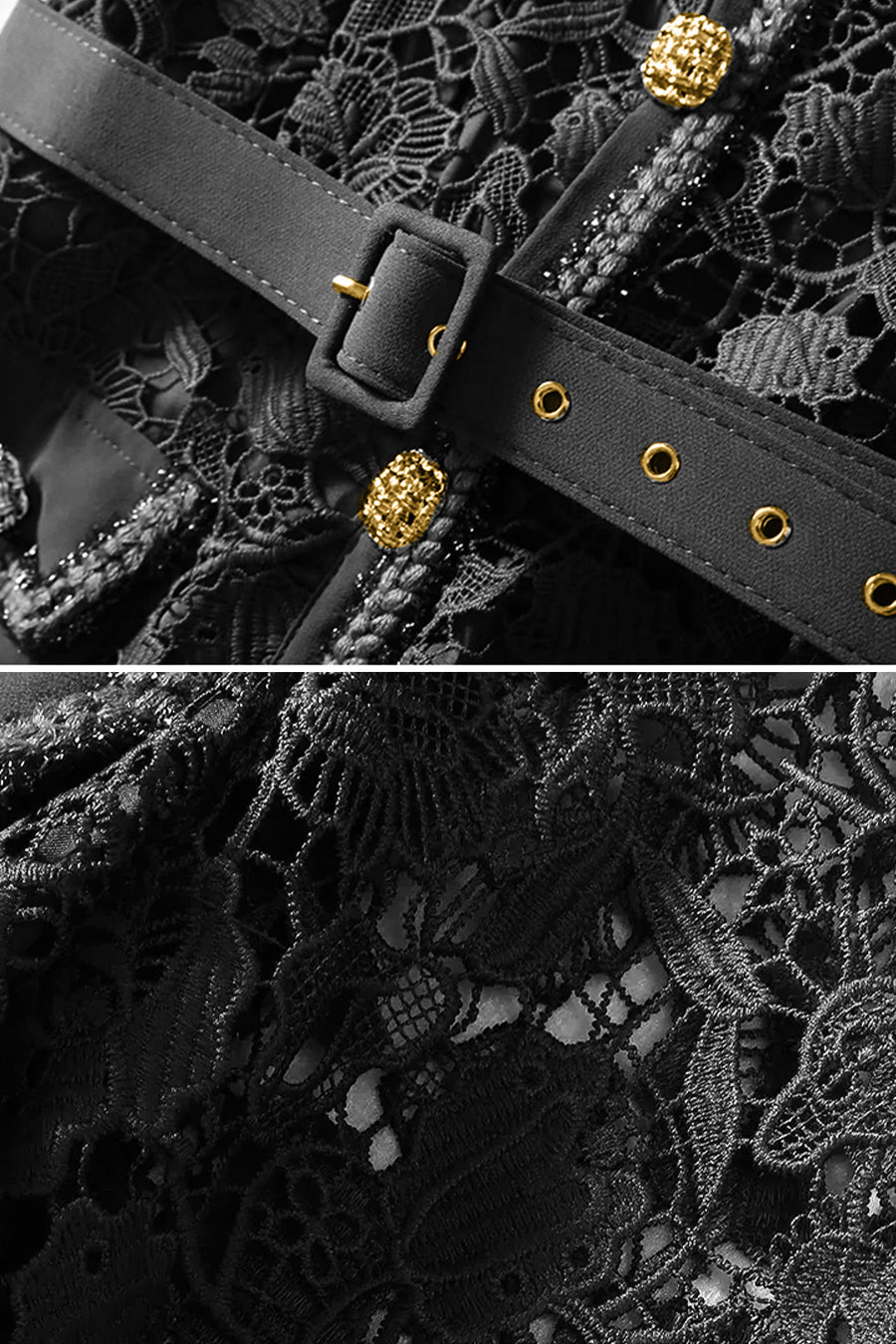 Robe Élégante à Manches Courtes avec Haut en Dentelle et Jupe Évasée - Noir