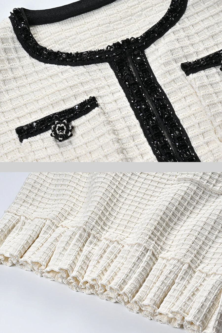 Ensemble Co-Ord en Tweed avec Détails Noirs - Ivoire