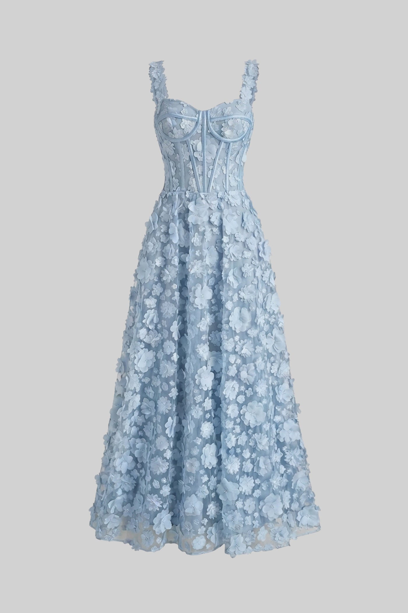 Robe Maxi à Appliqués Floraux avec Corset - Bleu