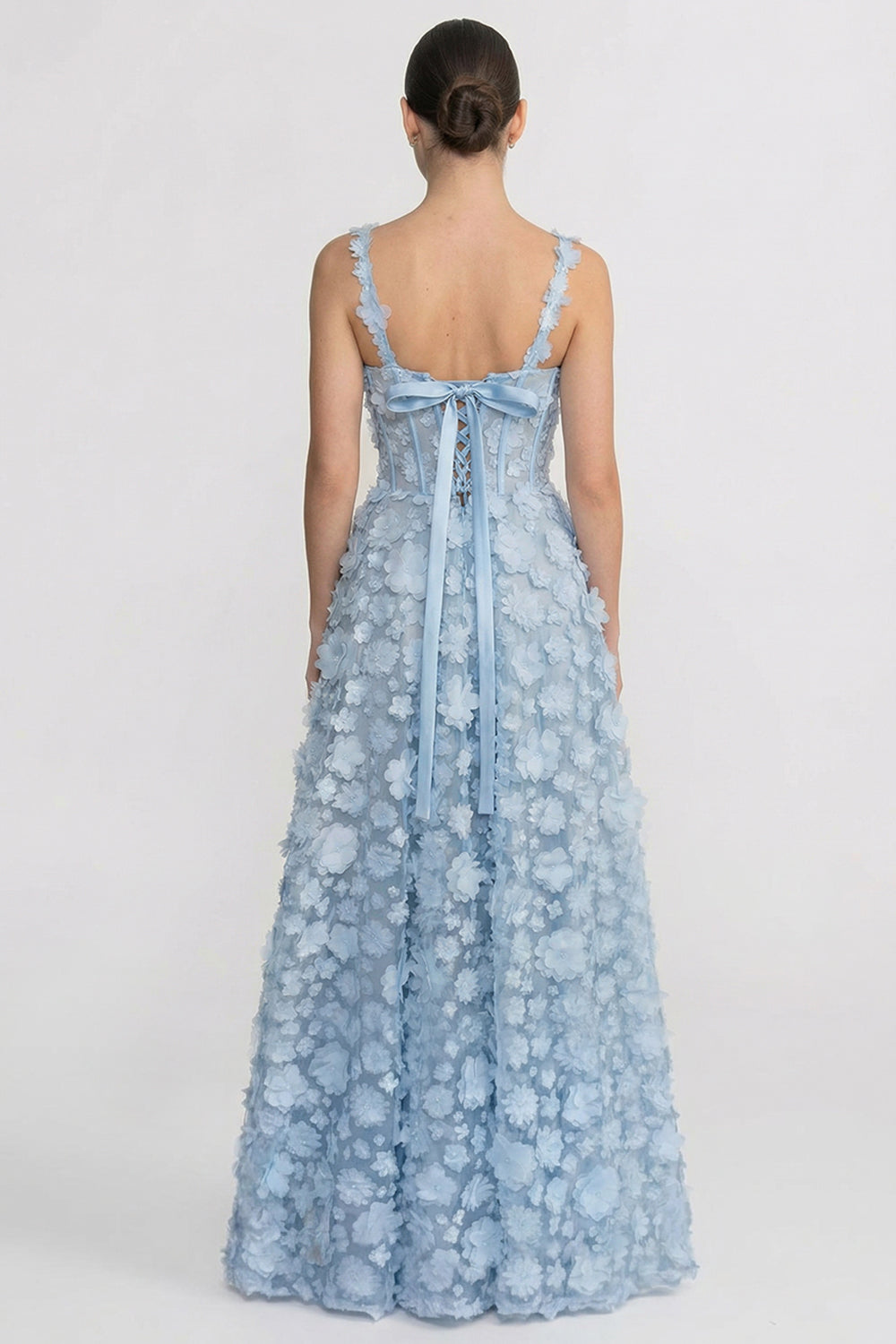 Robe Maxi à Appliqués Floraux avec Corset - Bleu