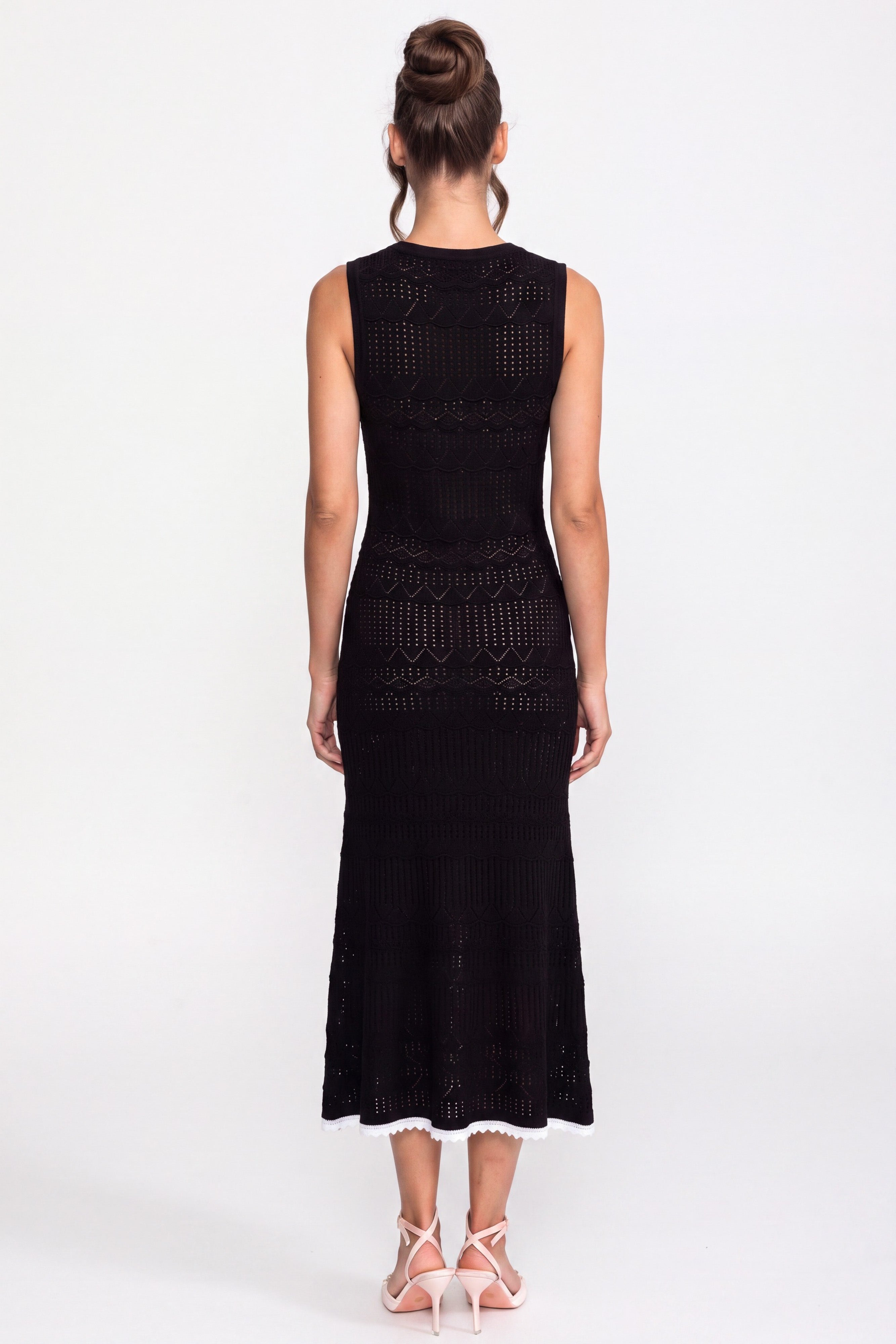 Robe midi en maille crochet avec bordure noire et nœud - Noir