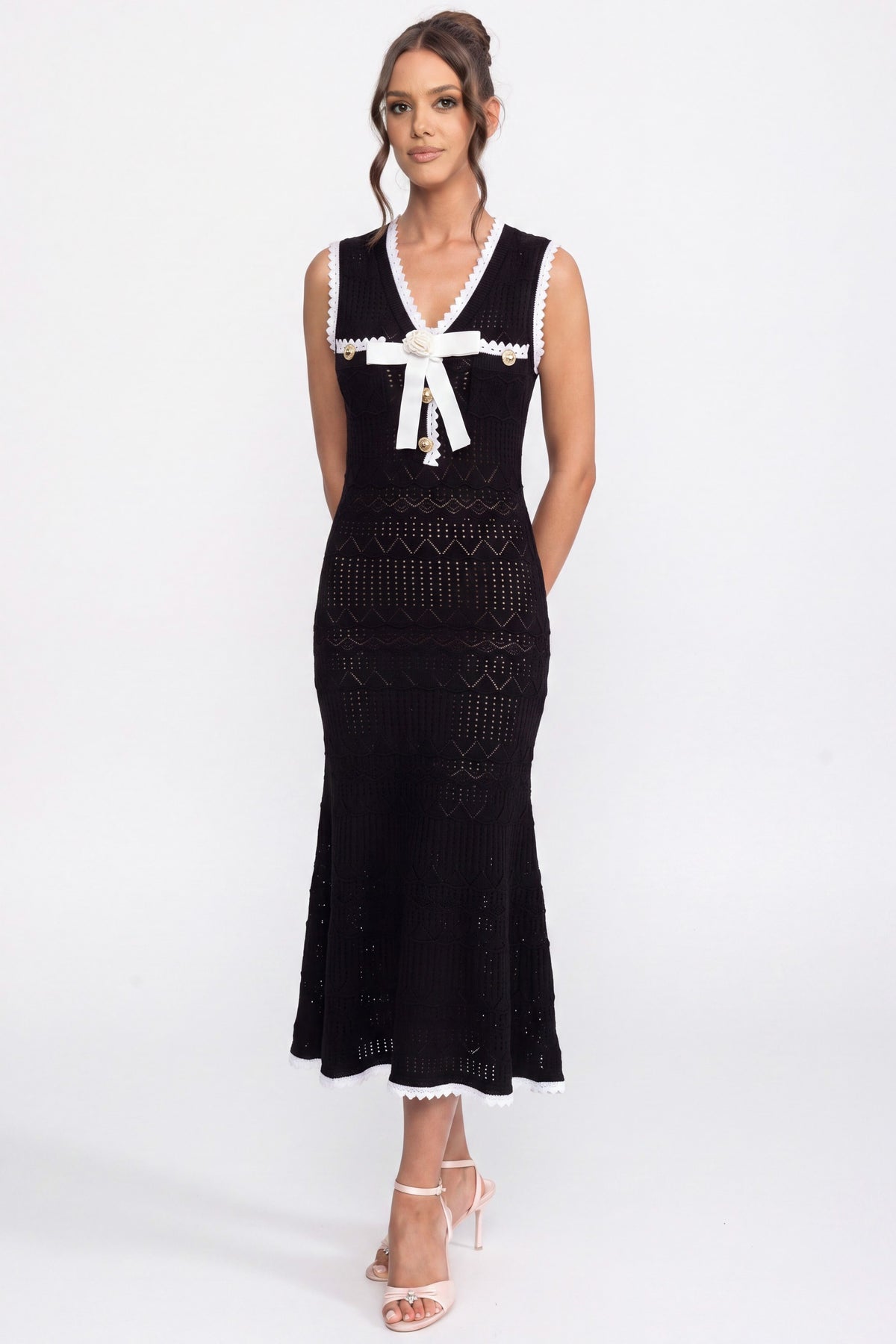 Robe midi en maille crochet avec bordure noire et nœud - Noir