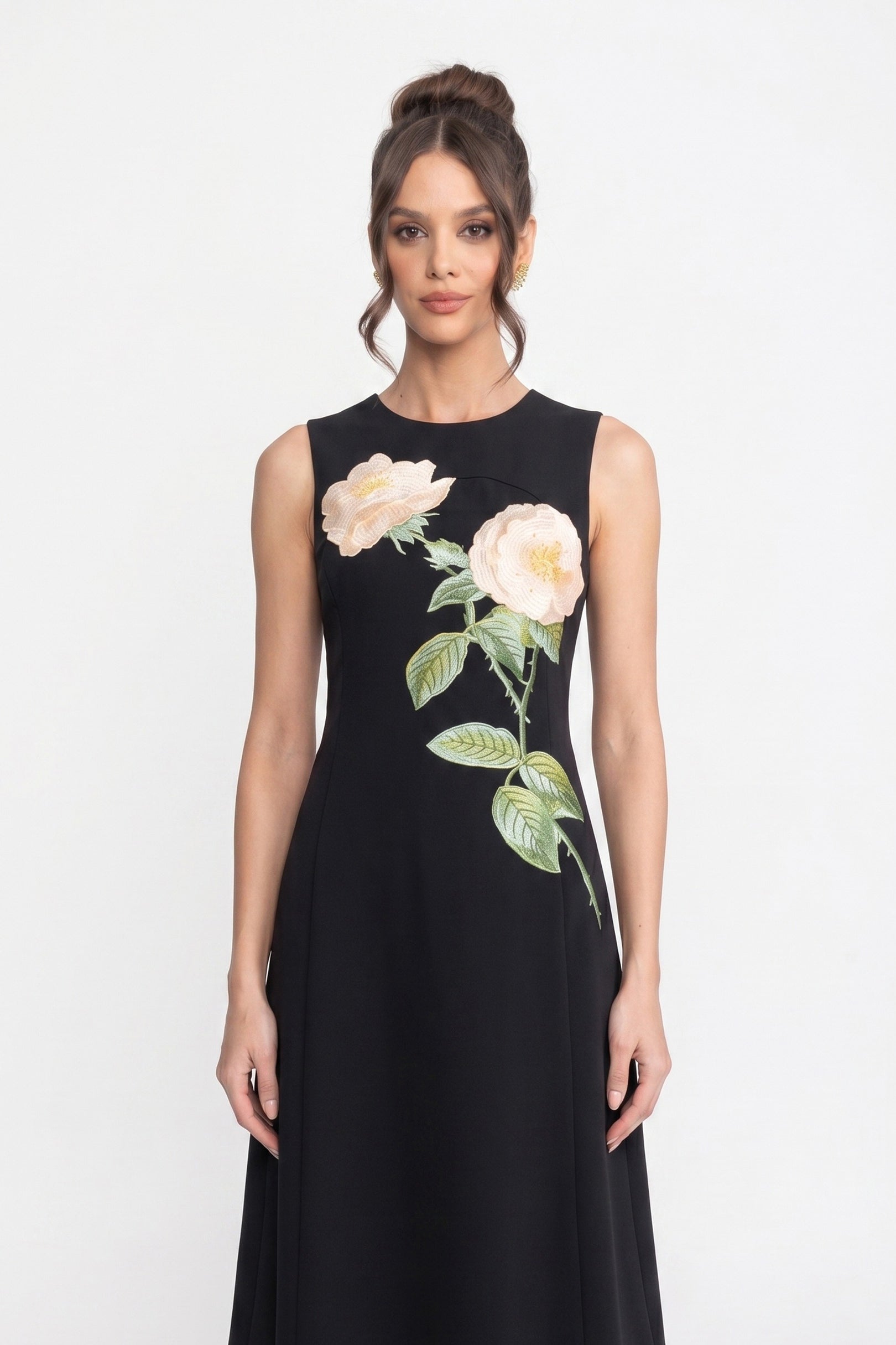 Robe midi sans manches avec appliqué floral 3D et jupe ample - Noir
