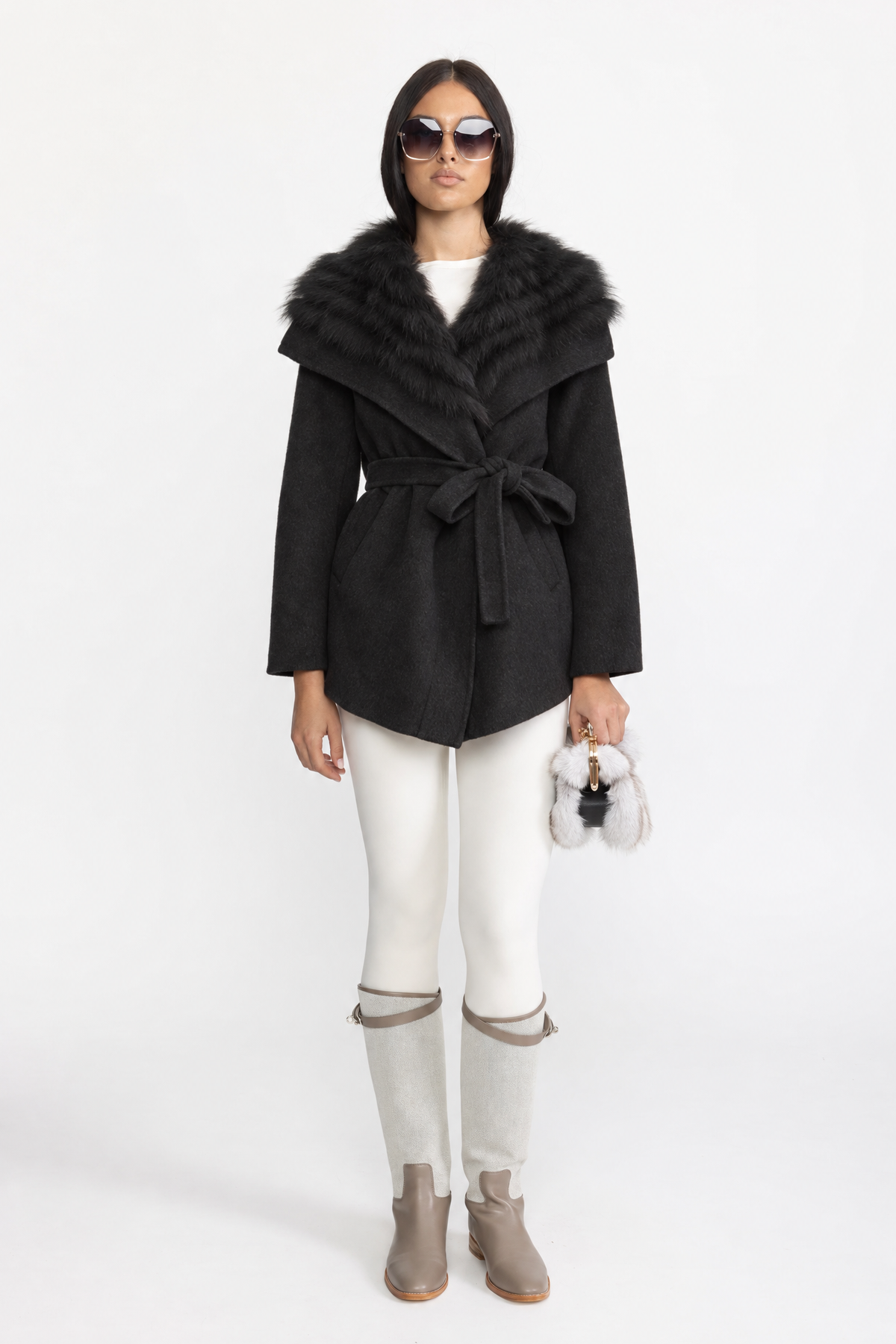 Wool Coat with Oversized Fur Collar And Belt - Black