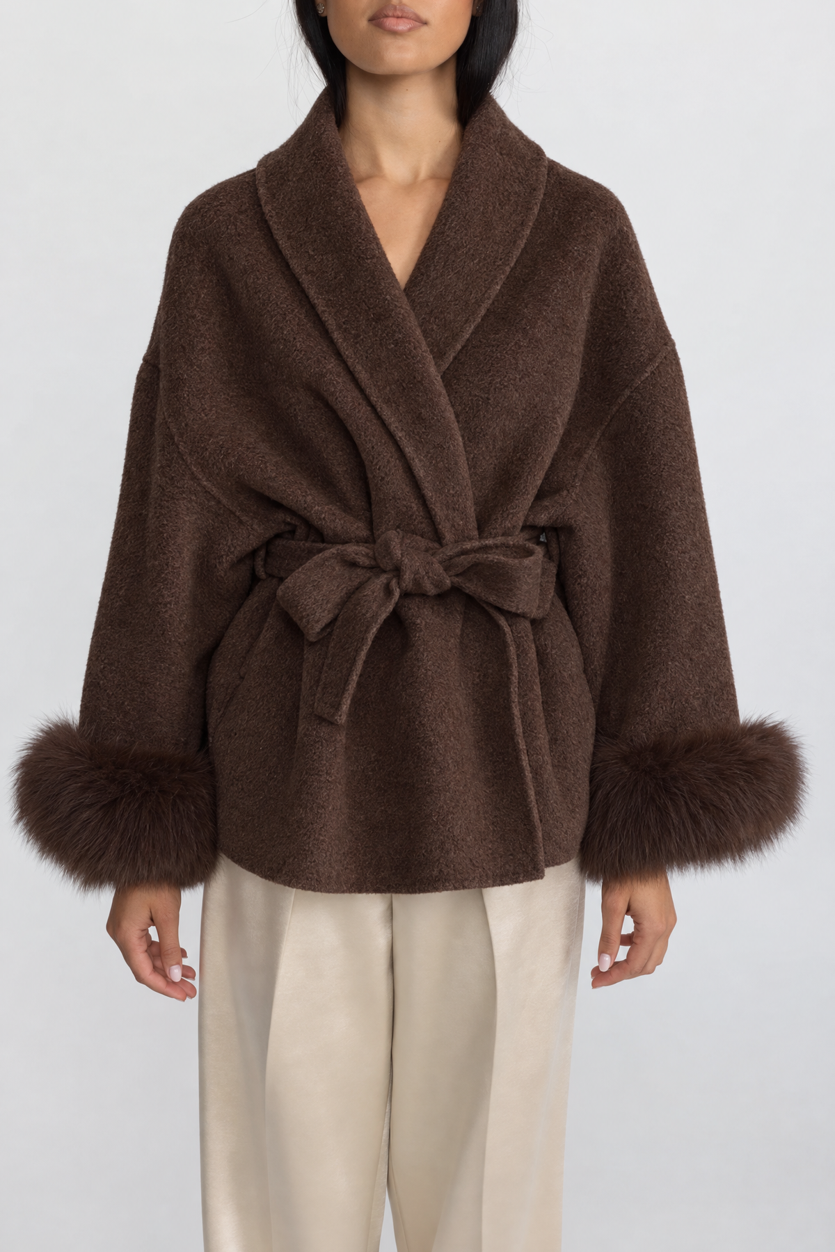 Wool Blend Wrap Jacket with Fox Fur Cuffs - Brown