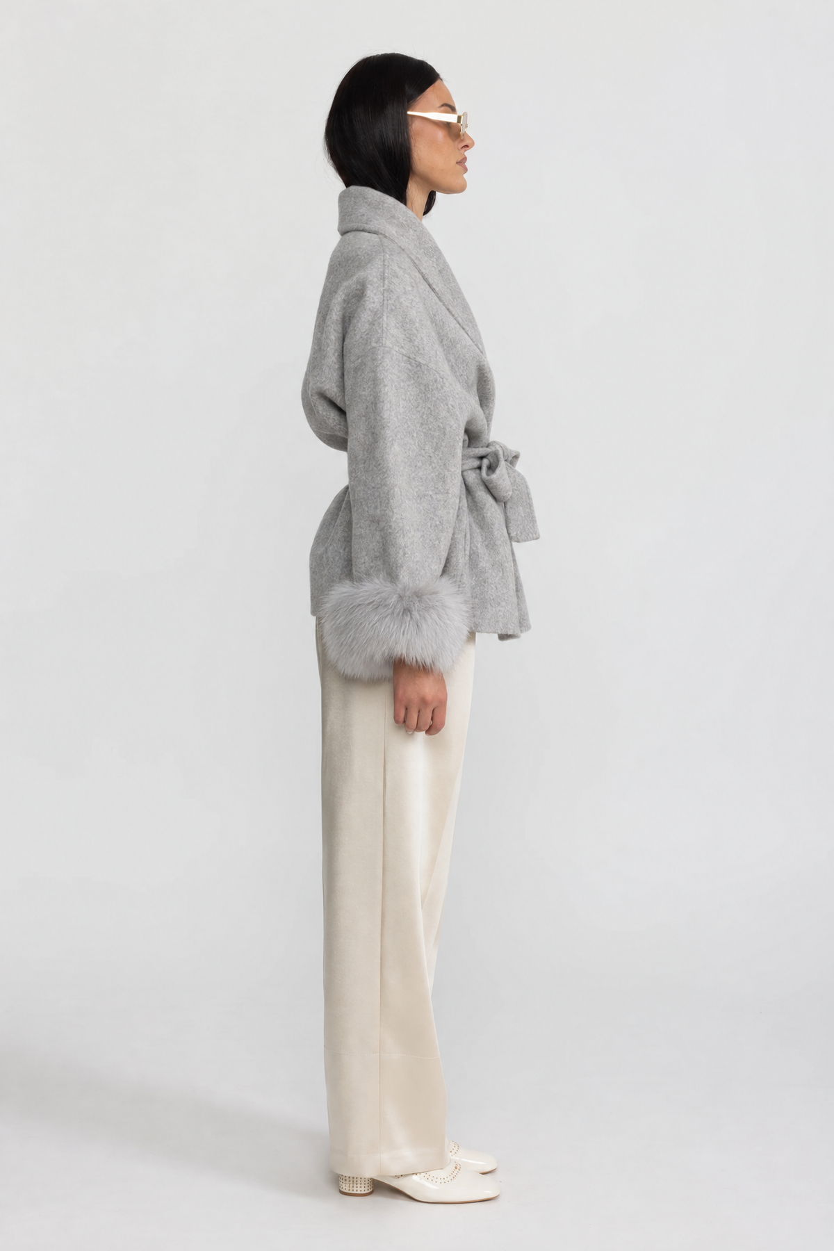 Wool Blend Wrap Jacket with Fox Fur Cuffs - Grey