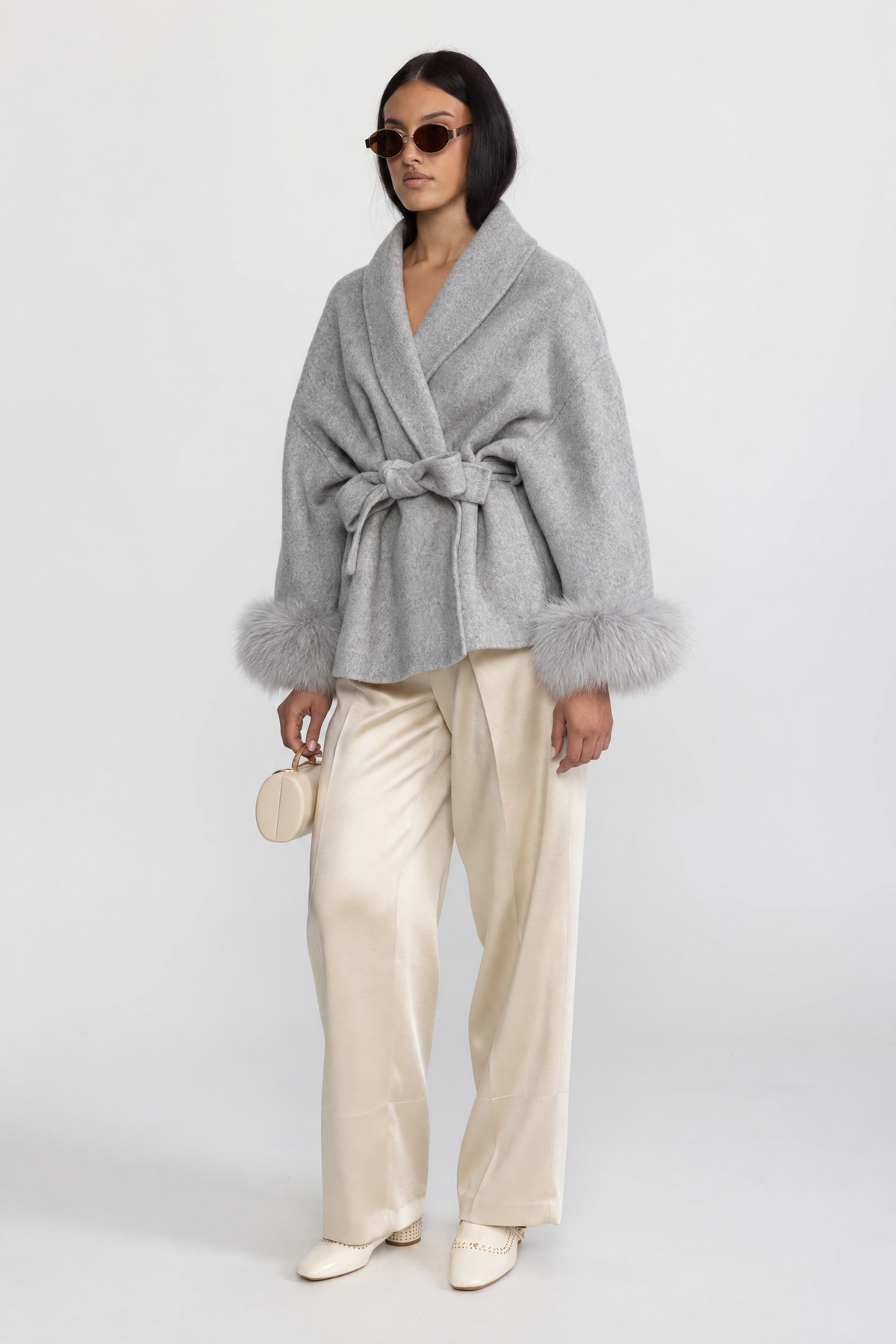 Wool Blend Wrap Jacket with Fox Fur Cuffs - Grey