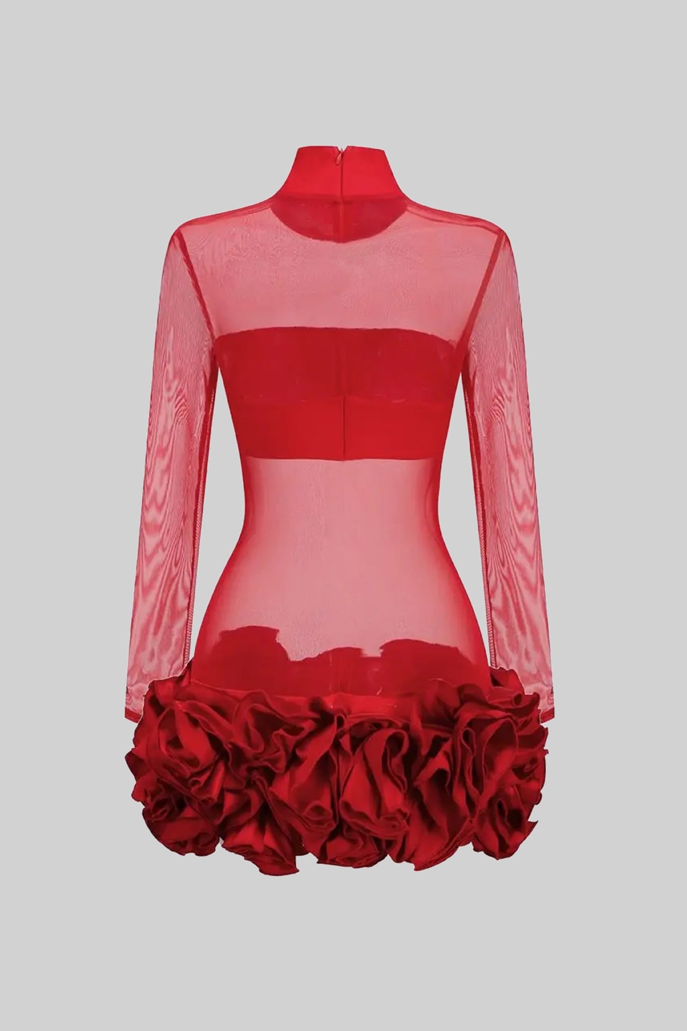 Sheer Floral Mini Dress With 3D Rosettes Hemline – Red
