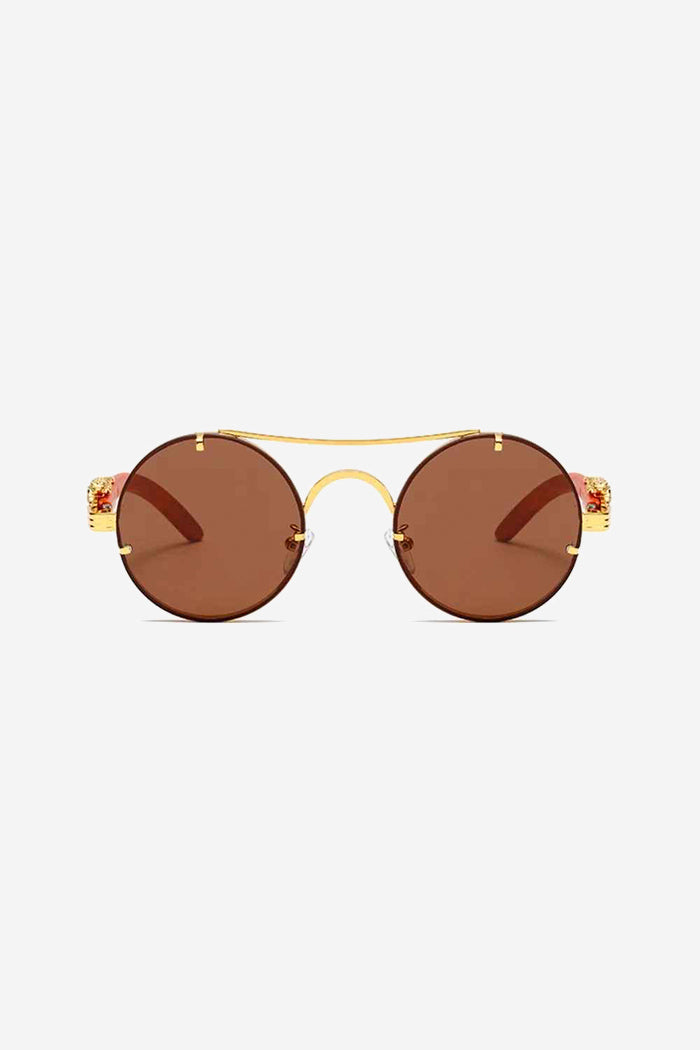 Round Sunglasses with Sculpted Leopard Temples and Double Gold Bridge – Brown