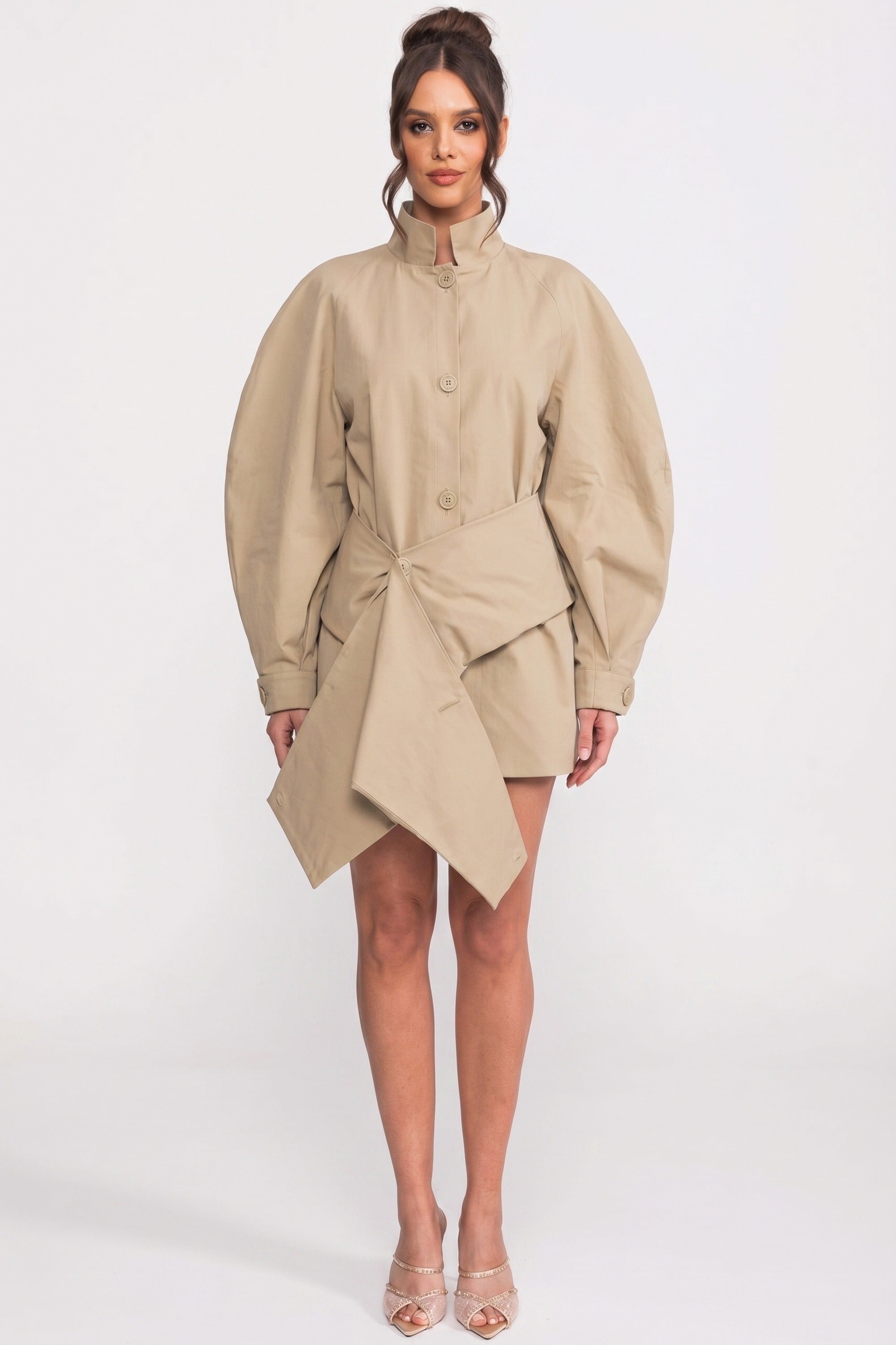 Veste oversize à manches ballon avec ceinture et ourlet asymétrique - kaki