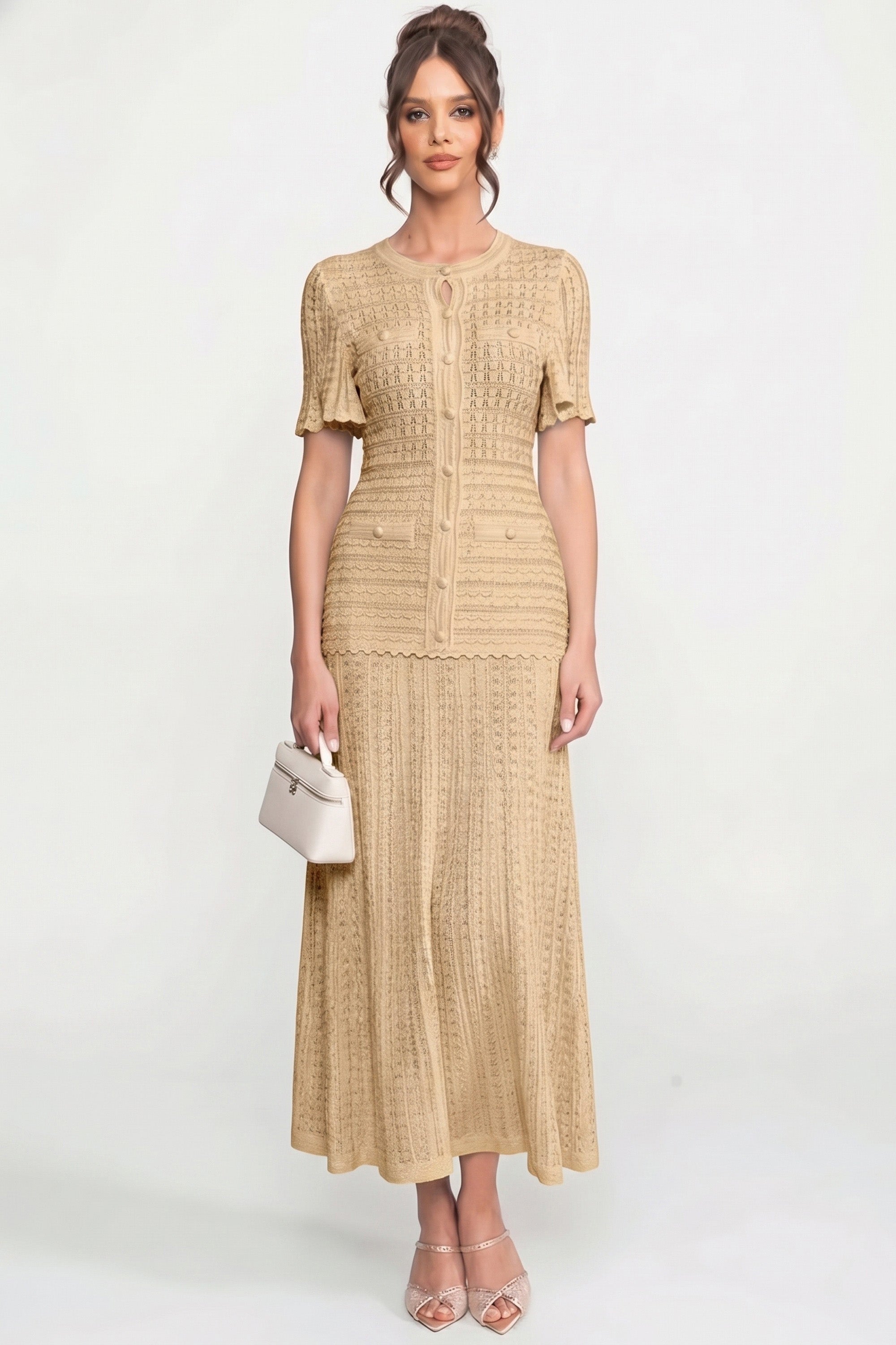Robe midi à manches courtes avec texture en maille scintillante - Beige