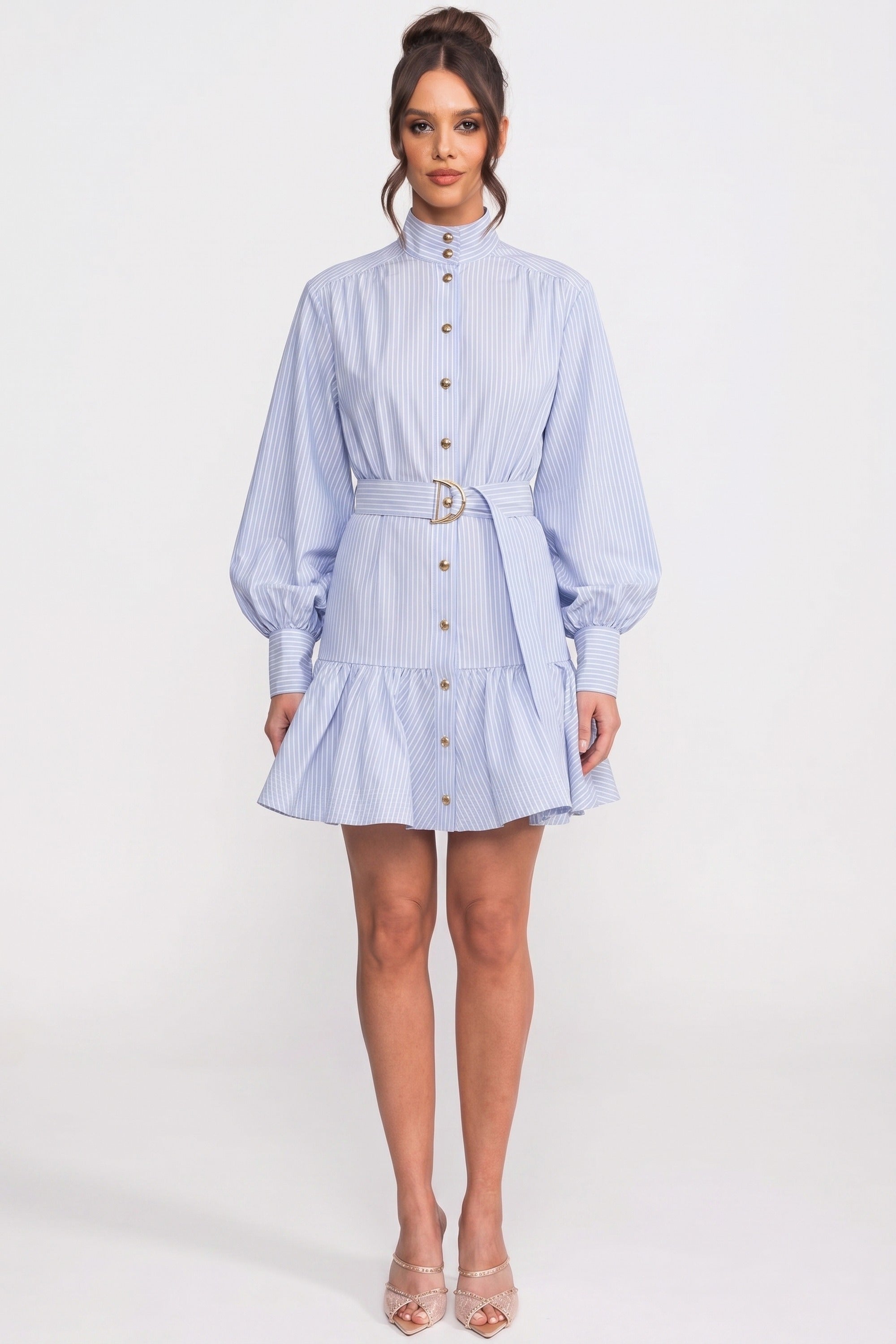 Robe mini à rayures avec ceinture, col montant et manches ballon - Bleu