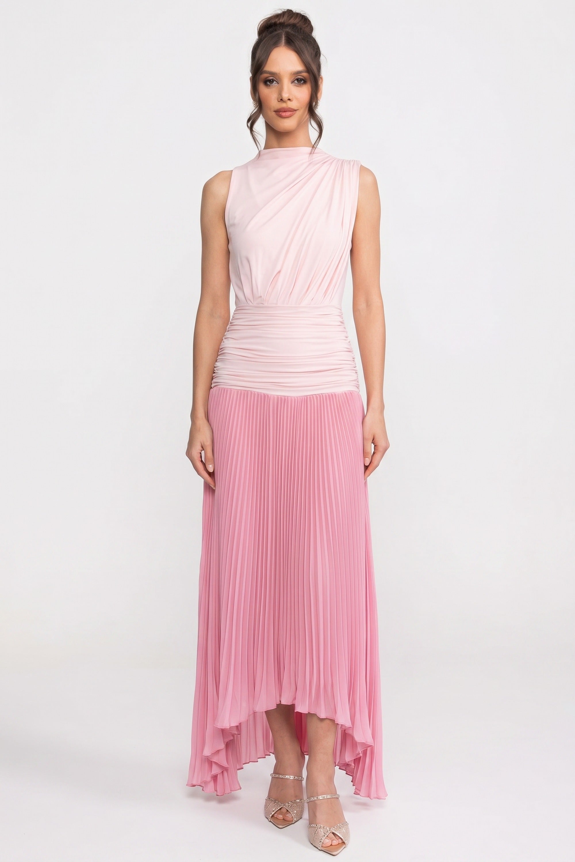 Robe longue plissée à col halter avec détail de taille froncée - Rose