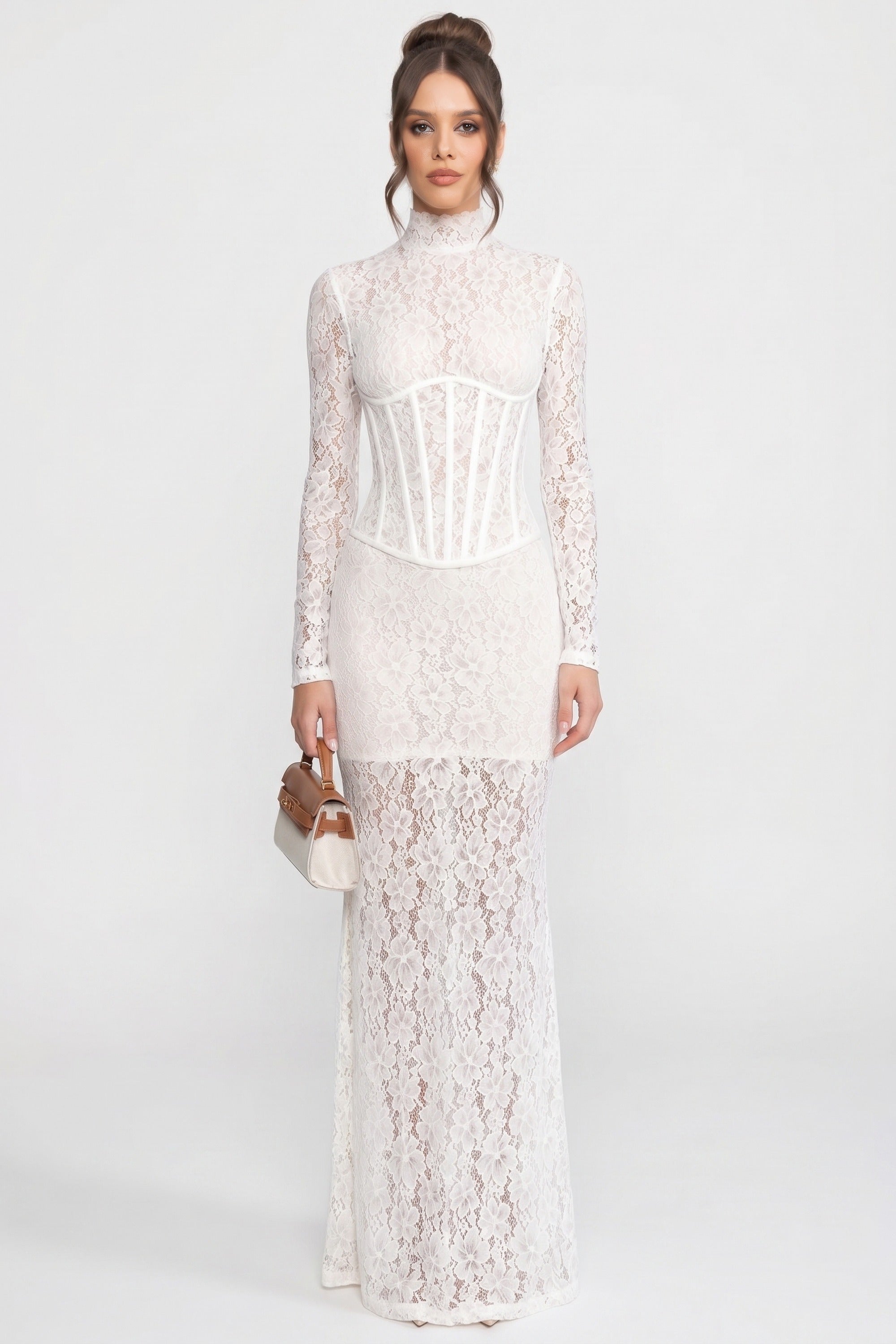 Robe maxi en dentelle à col montant et manches longues, silhouette colonne - Blanc
