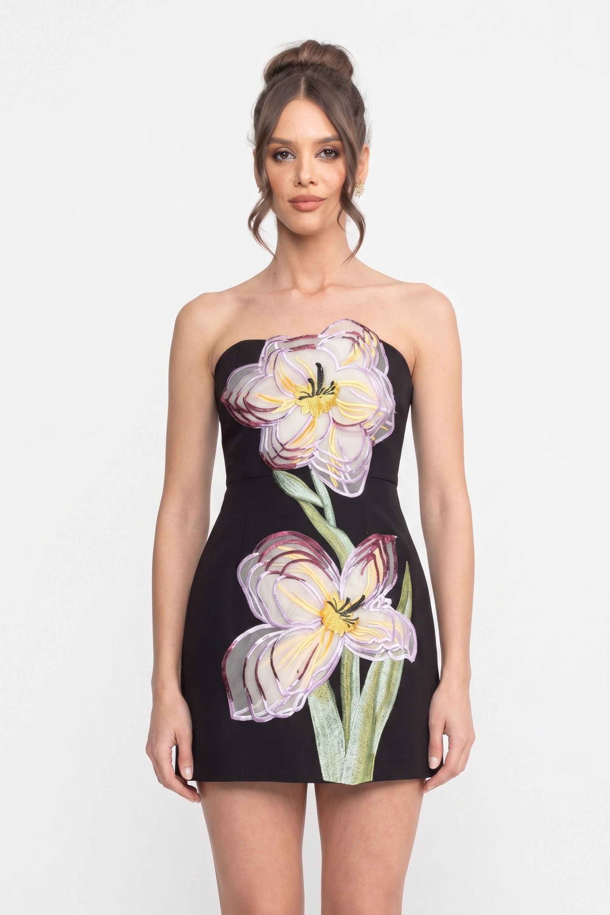 Robe courte bustier avec appliqué floral iris en 3D - Noir