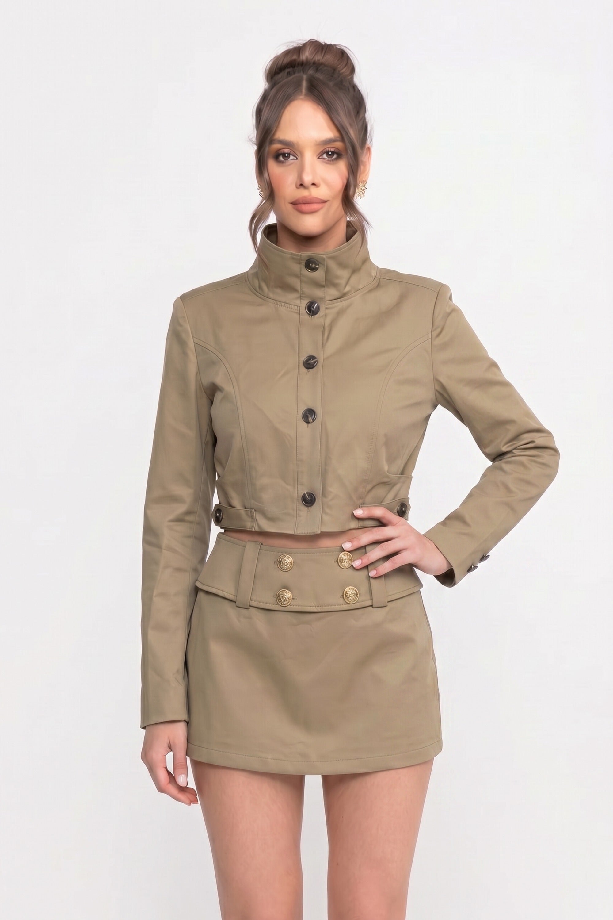 Ensemble coordonné veste courte croisée et mini-jupe - Khaki