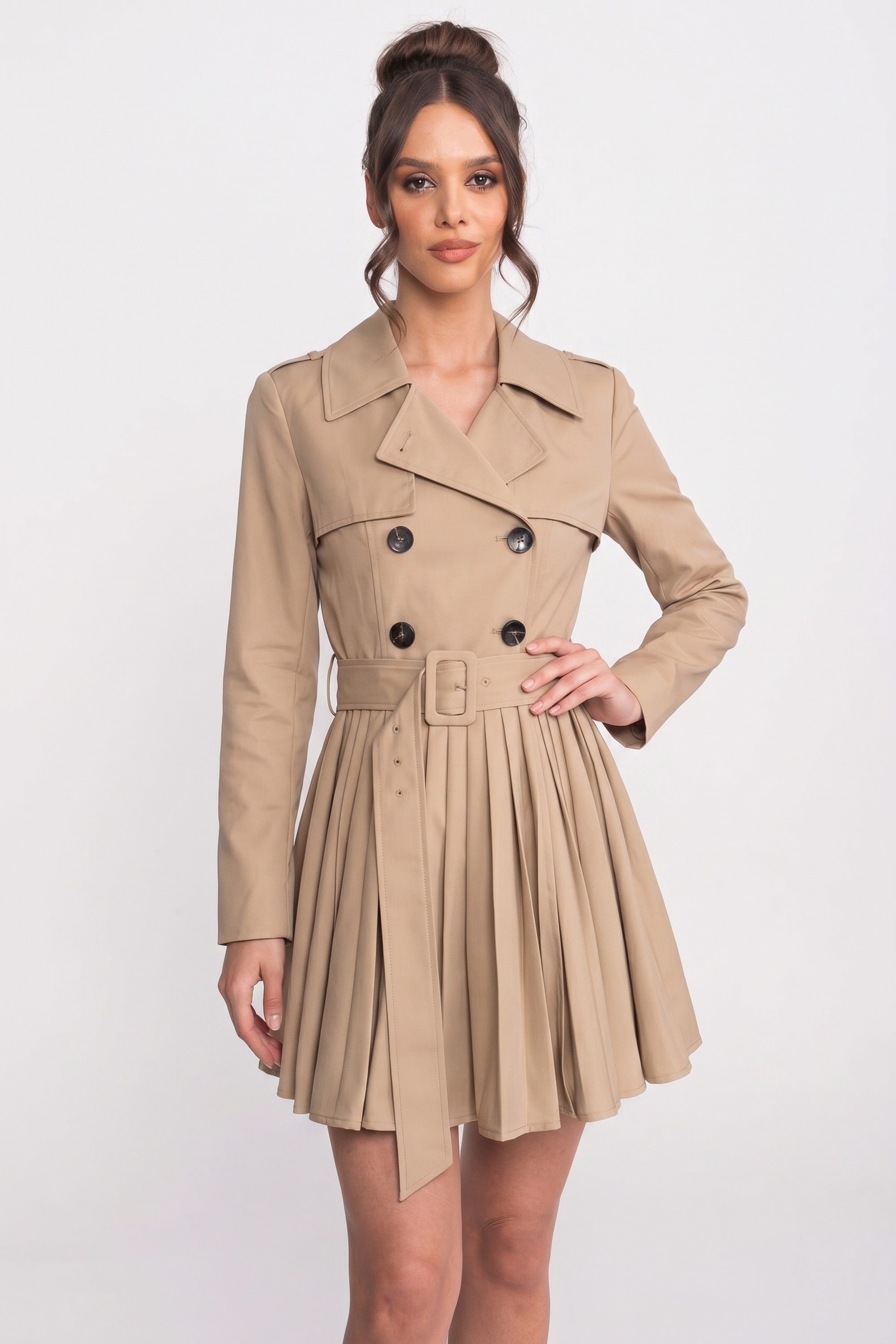 Manteau trench croisé ceinturé avec jupe plissée - Khaki