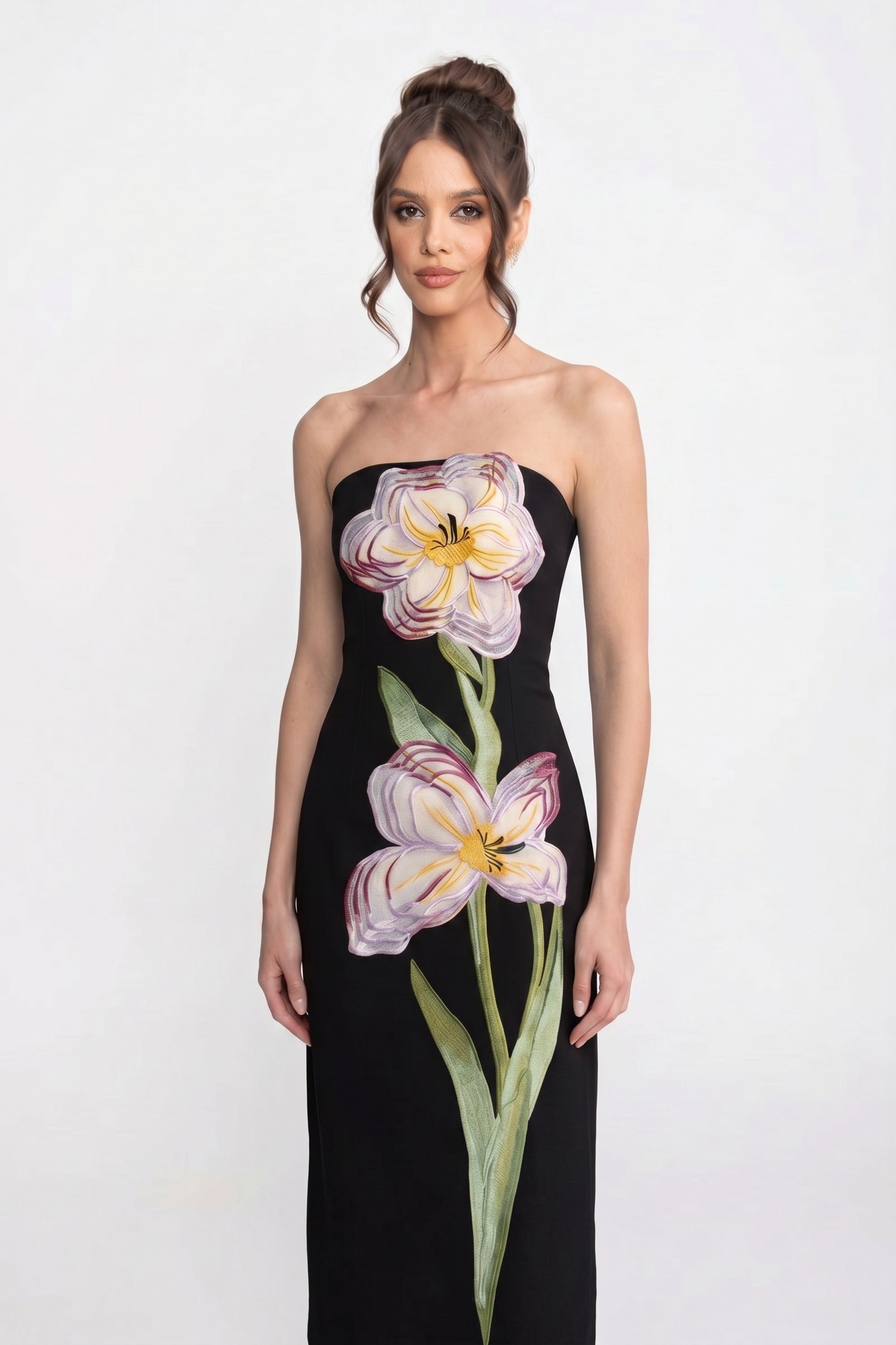 Robe maxi sans bretelles à imprimé floral avec silhouette colonne - Noir