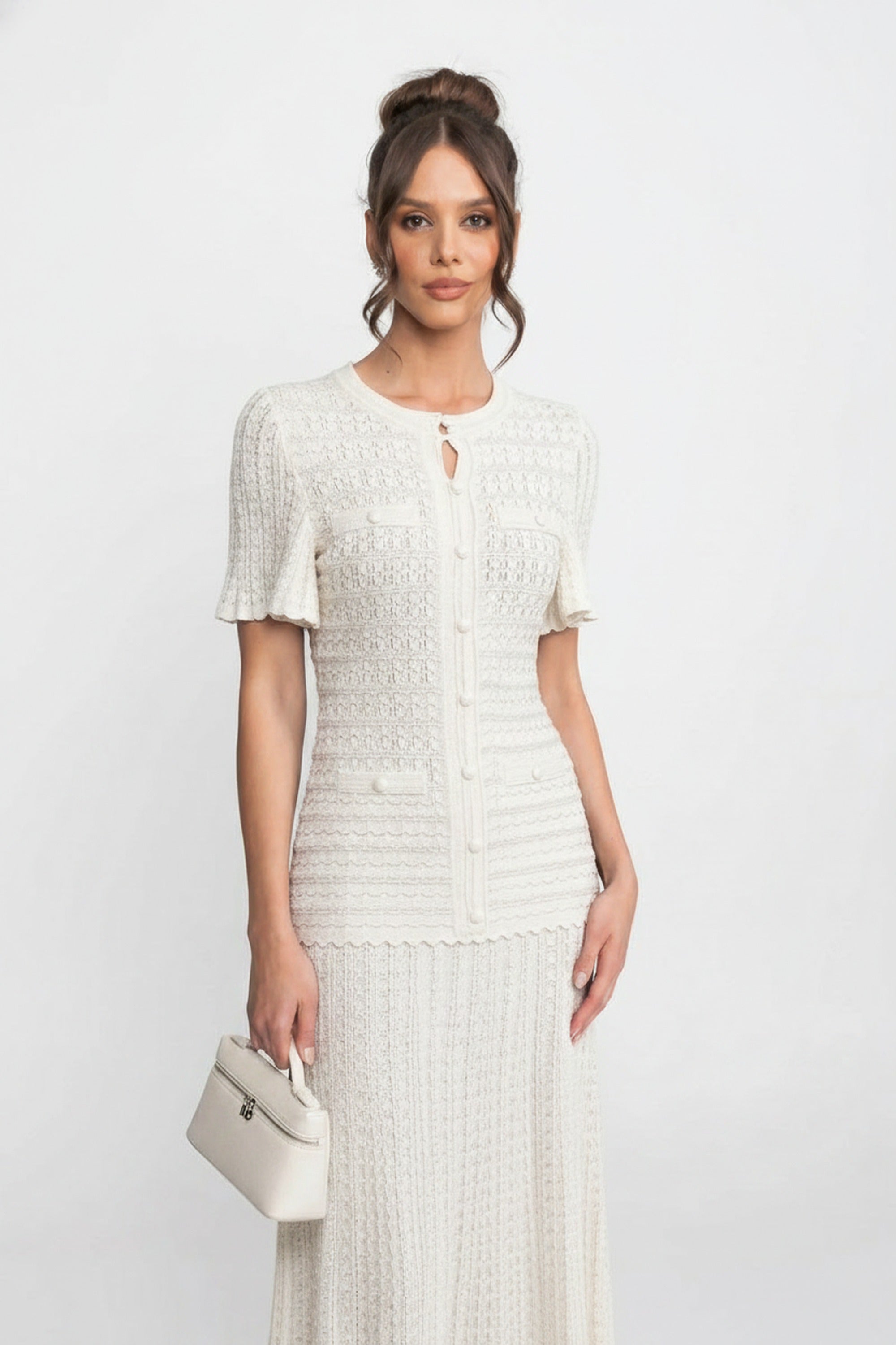 Robe midi à manches courtes avec texture en maille scintillante - Blanc
