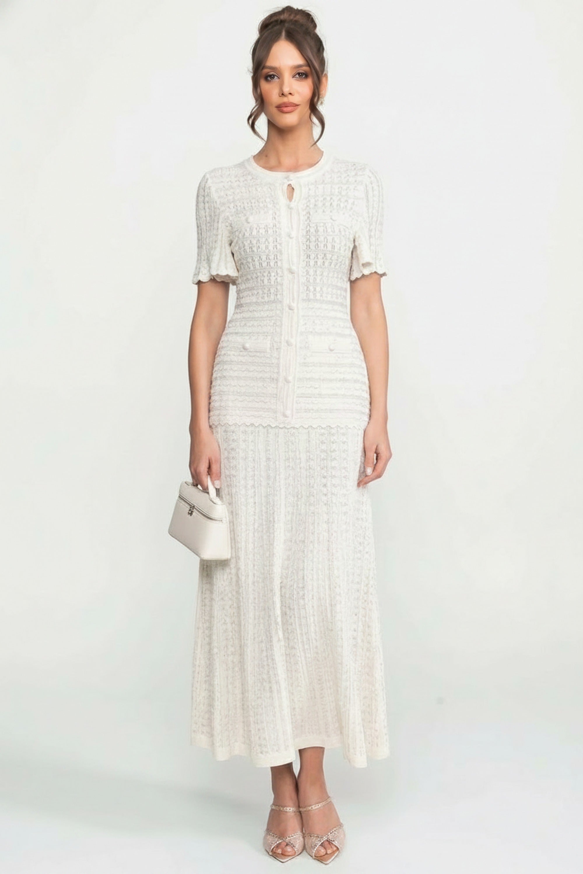 Robe midi à manches courtes avec texture en maille scintillante - Blanc