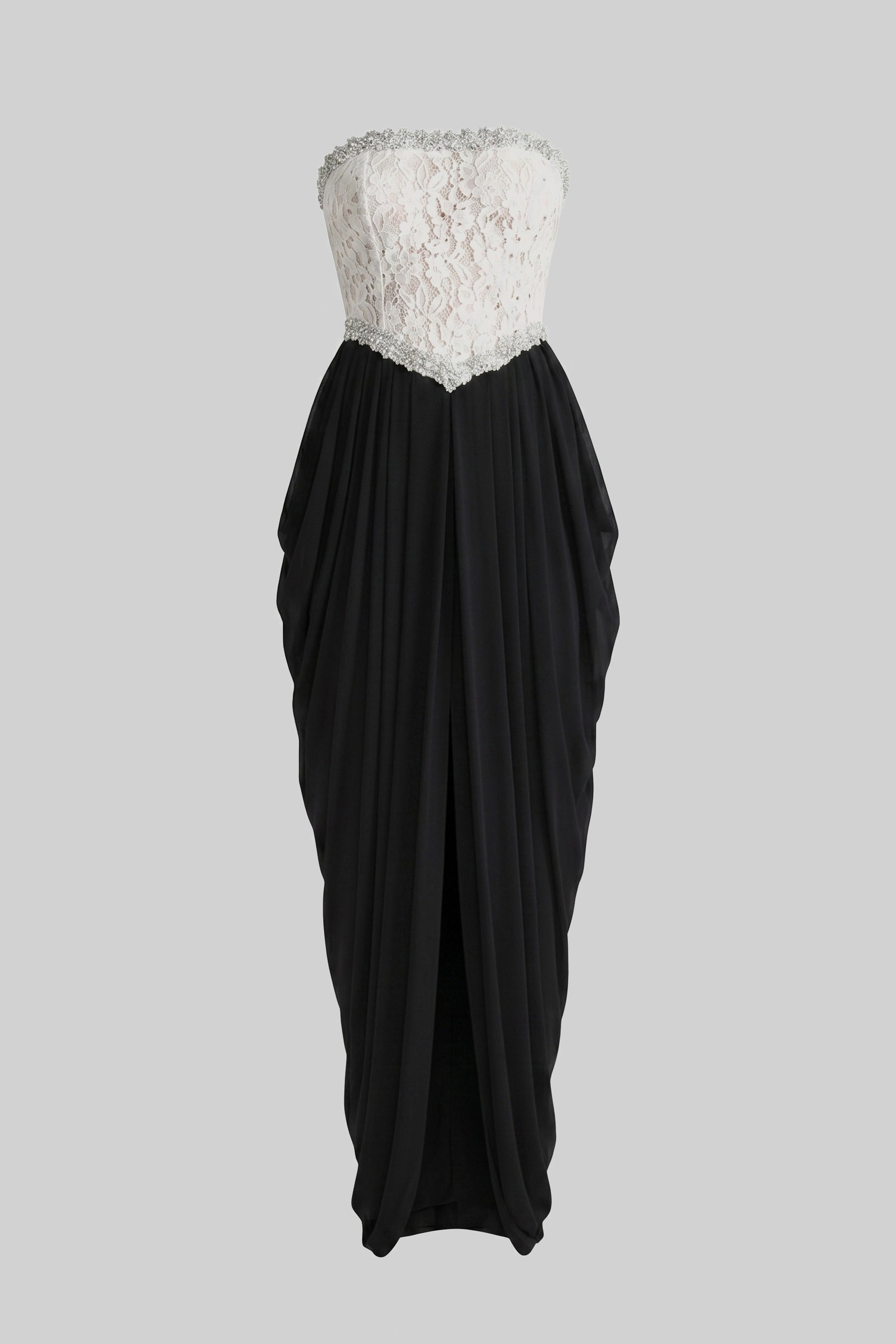 Robe bustier avec corset à fleurs en 3D et jupe noire drapée - Blanc+Noir