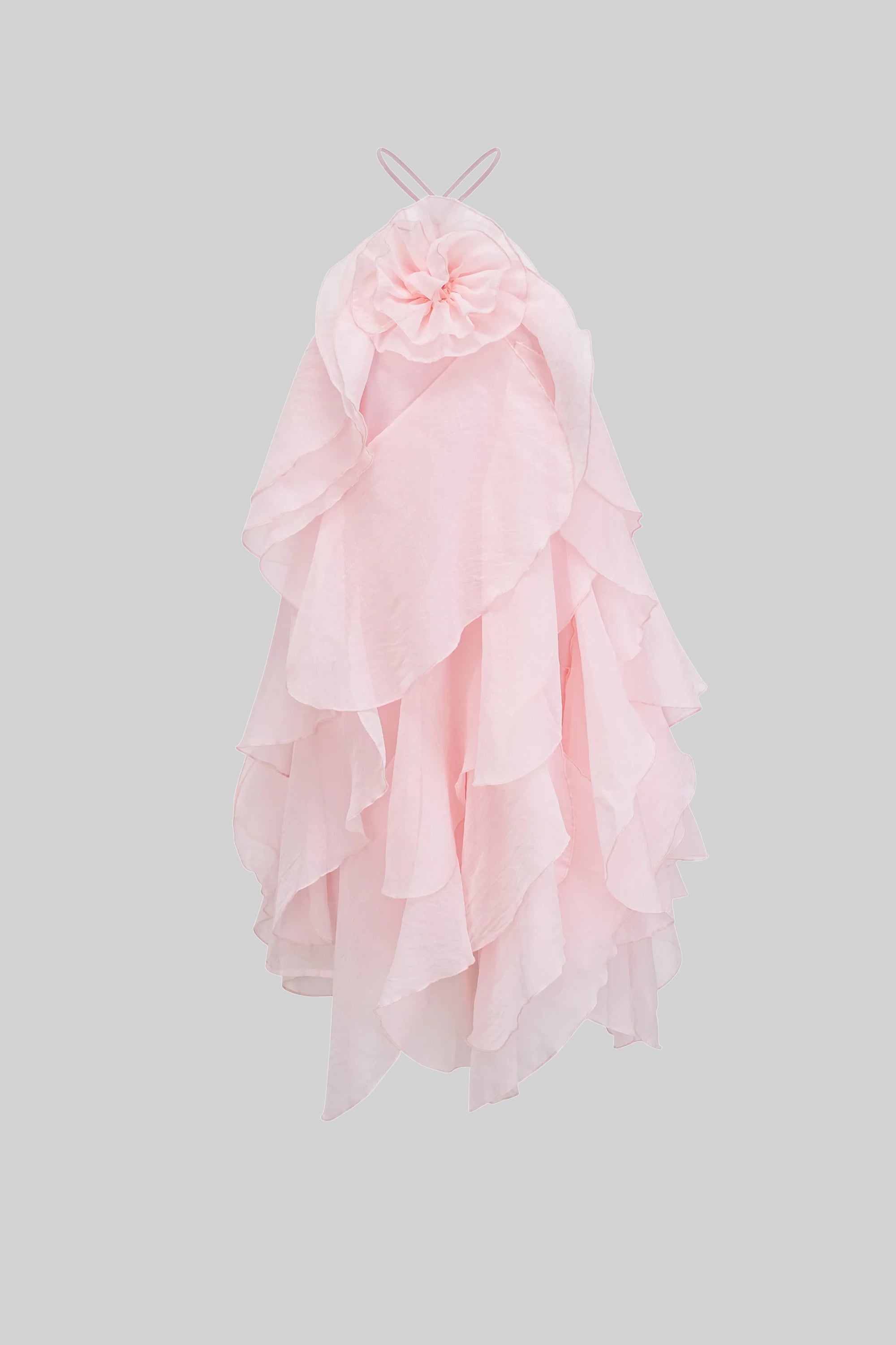 Mini-robe à volants superposés avec col halter floral 3D - Rose