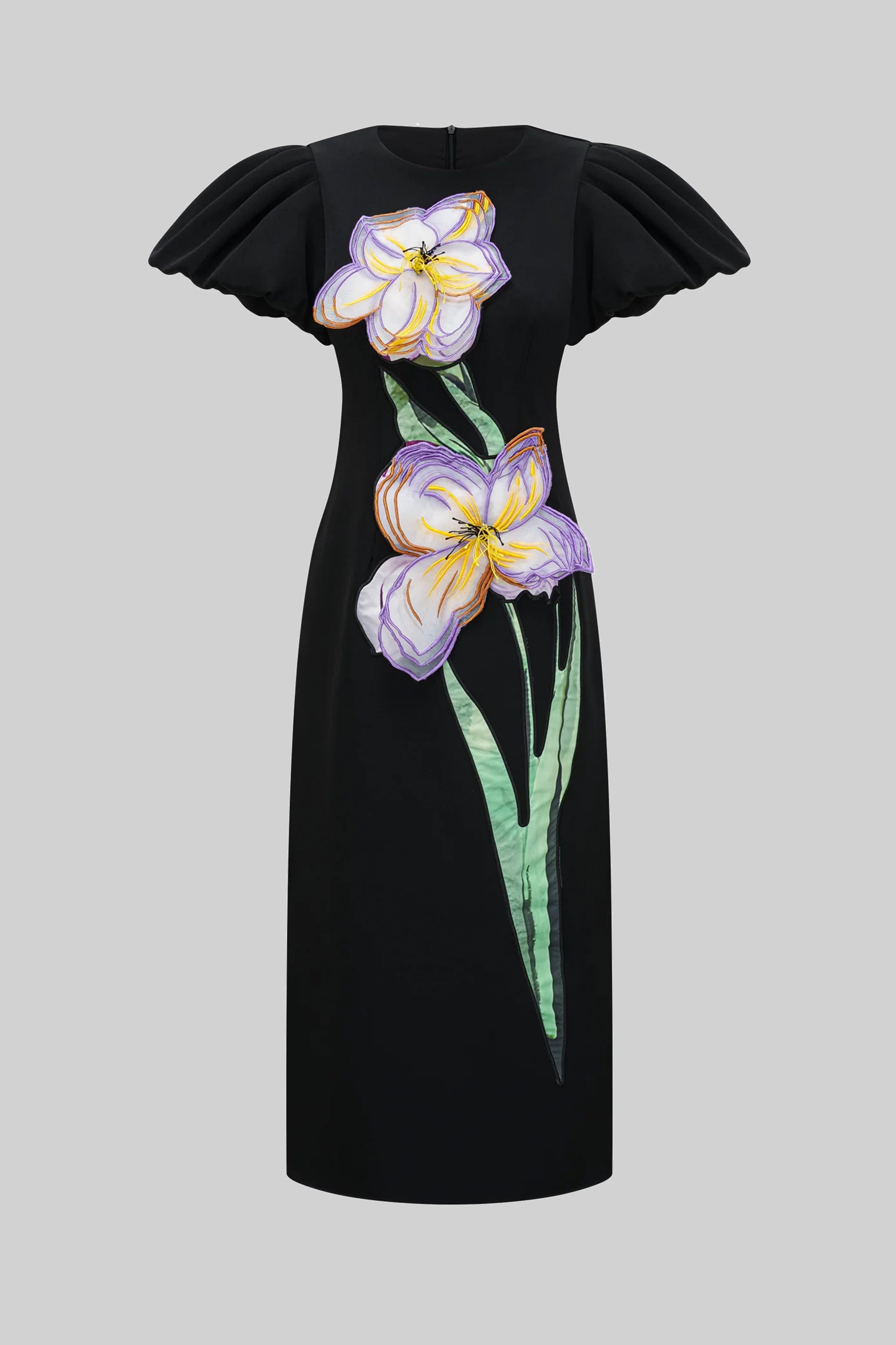Robe longue structurée à épaules marquées avec appliqué floral d’iris 3D - Noir