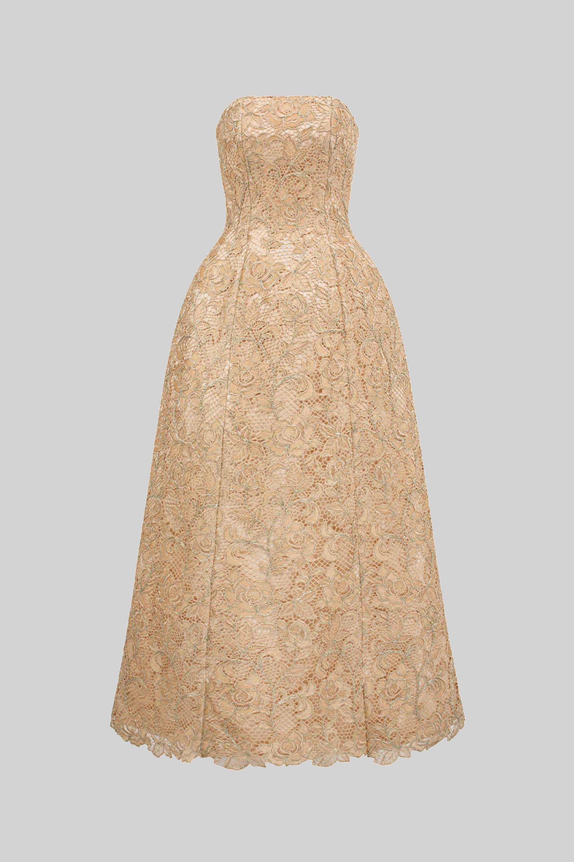 Robe de bal en dentelle florale sans bretelles avec jupe ample en A - Or
