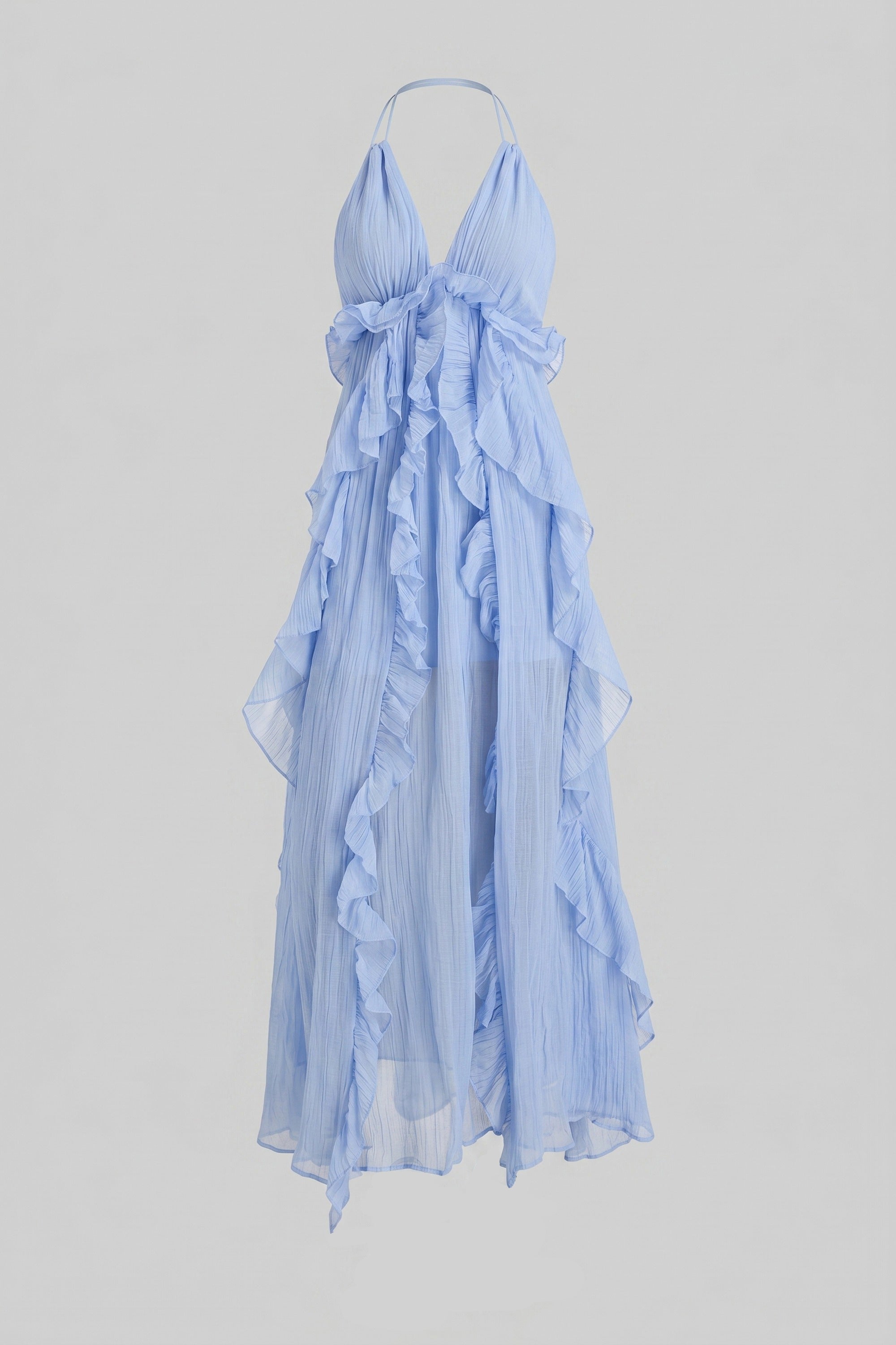 Robe longue à volants à profond décolleté en V avec étages asymétriques cascade - Bleu