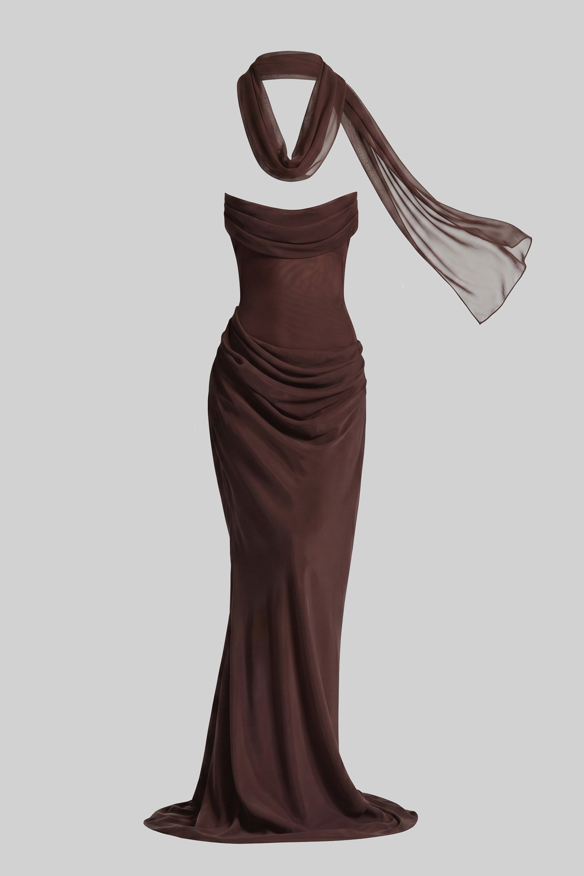 Robe longue drapée sans bretelles avec encolure bénitier et écharpe transparente - Marron