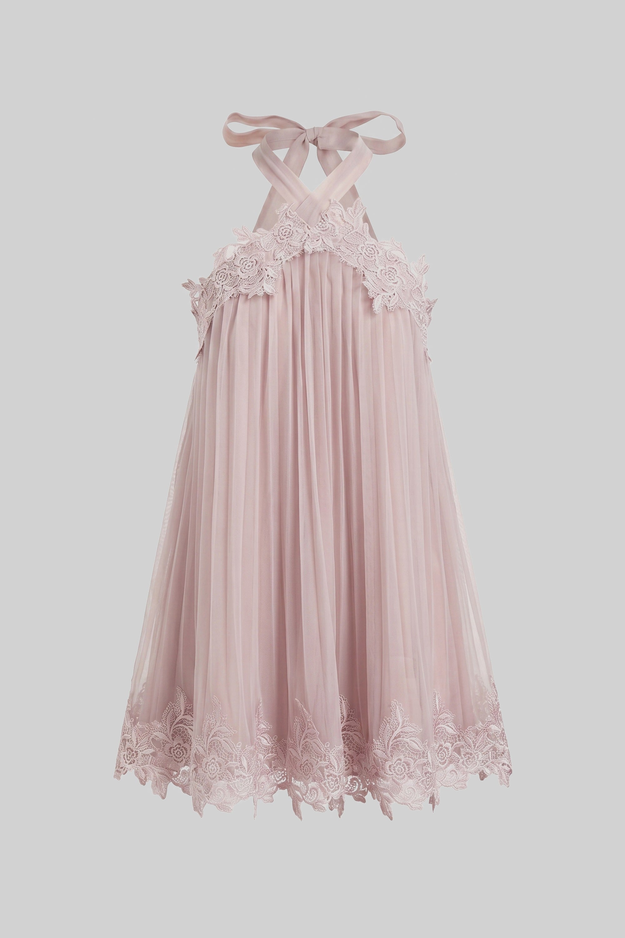 Robe mini en chiffon à col halter avec ourlet en dentelle - Rose