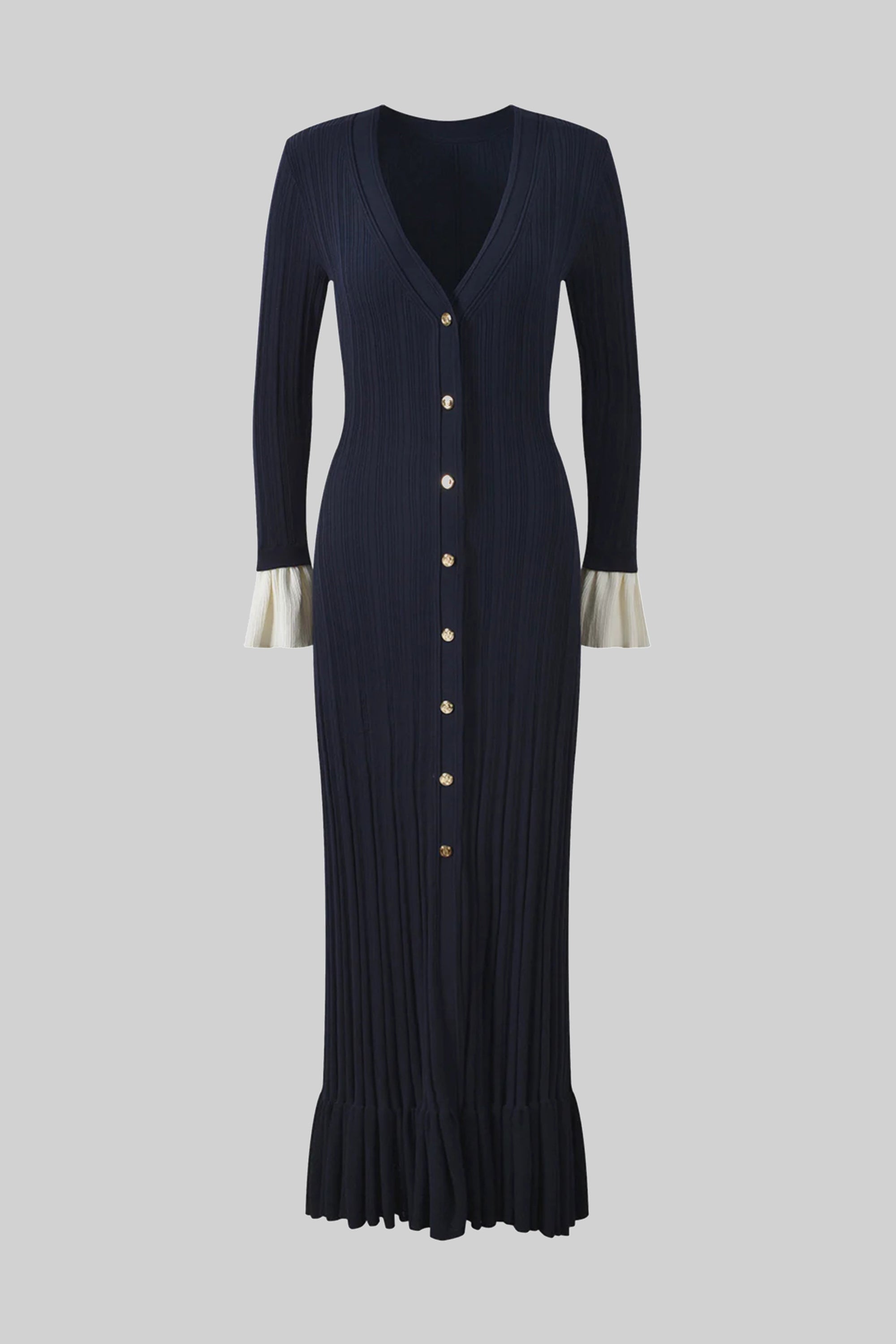 Robe longue en maille plissée à manches longues avec boutonnage sur le devant et poignets contrastants - Marine