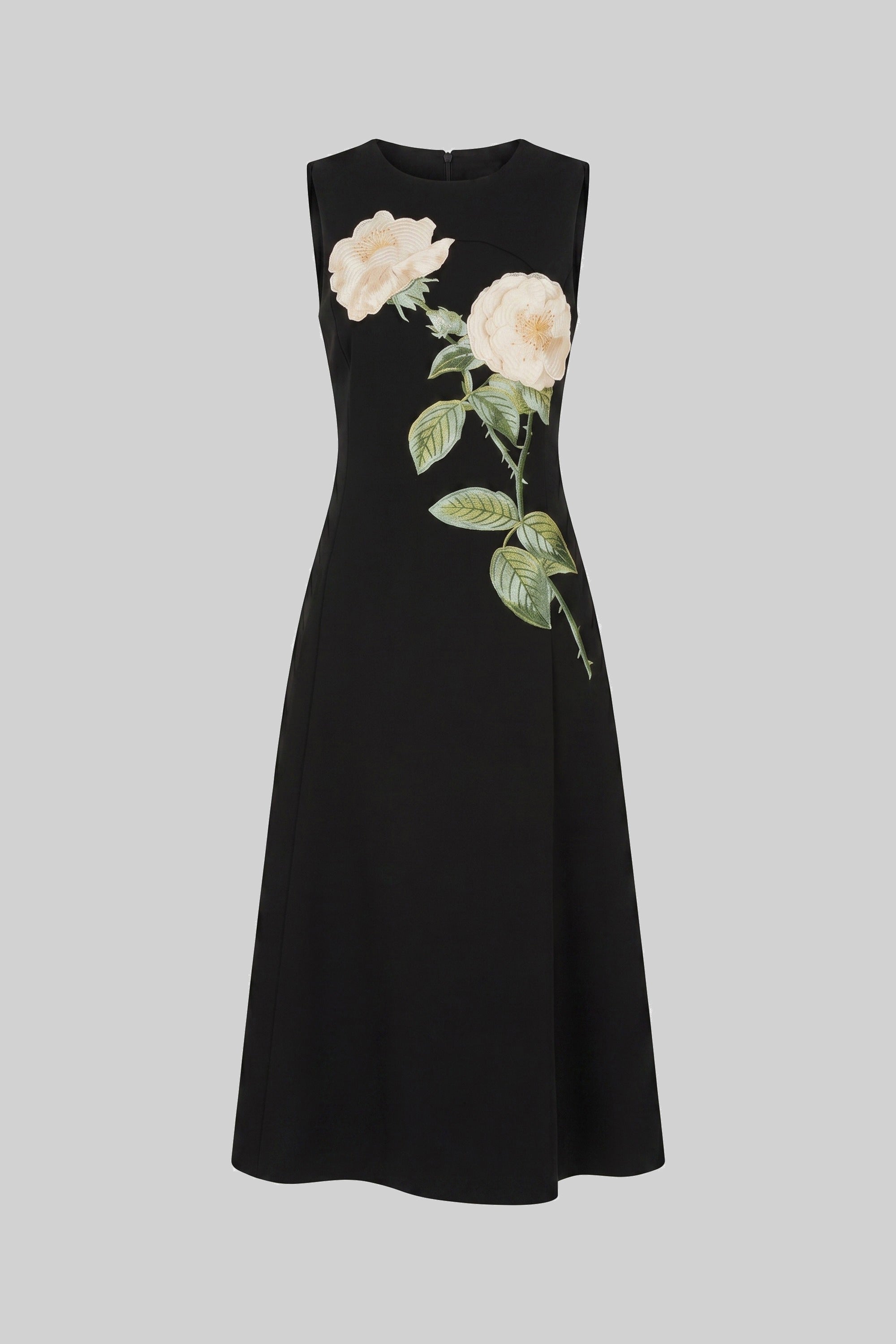 Robe midi sans manches avec appliqué floral 3D et jupe ample - Noir