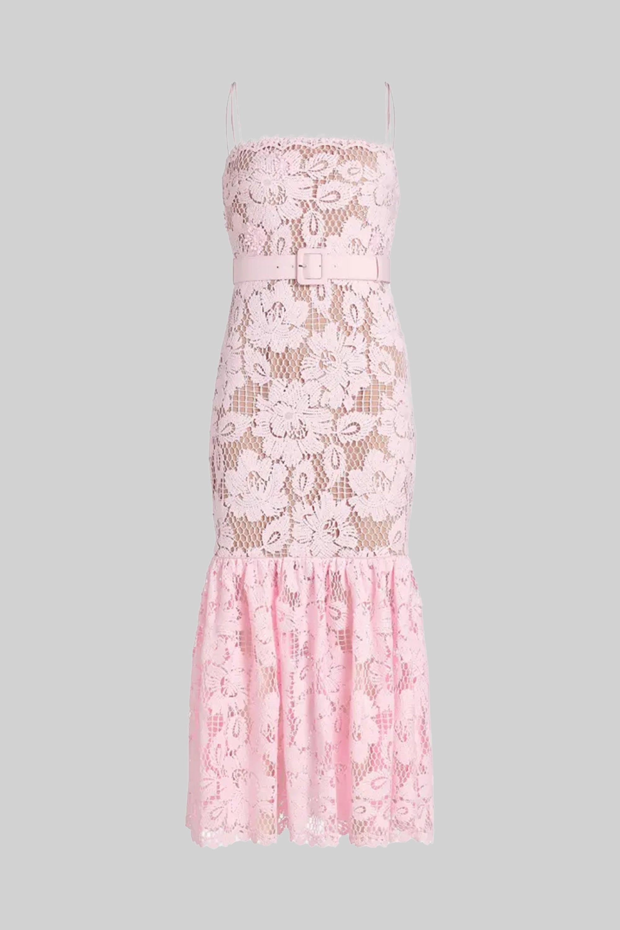 Robe midi en dentelle avec taille ceinturée et ourlet à volants - Rose