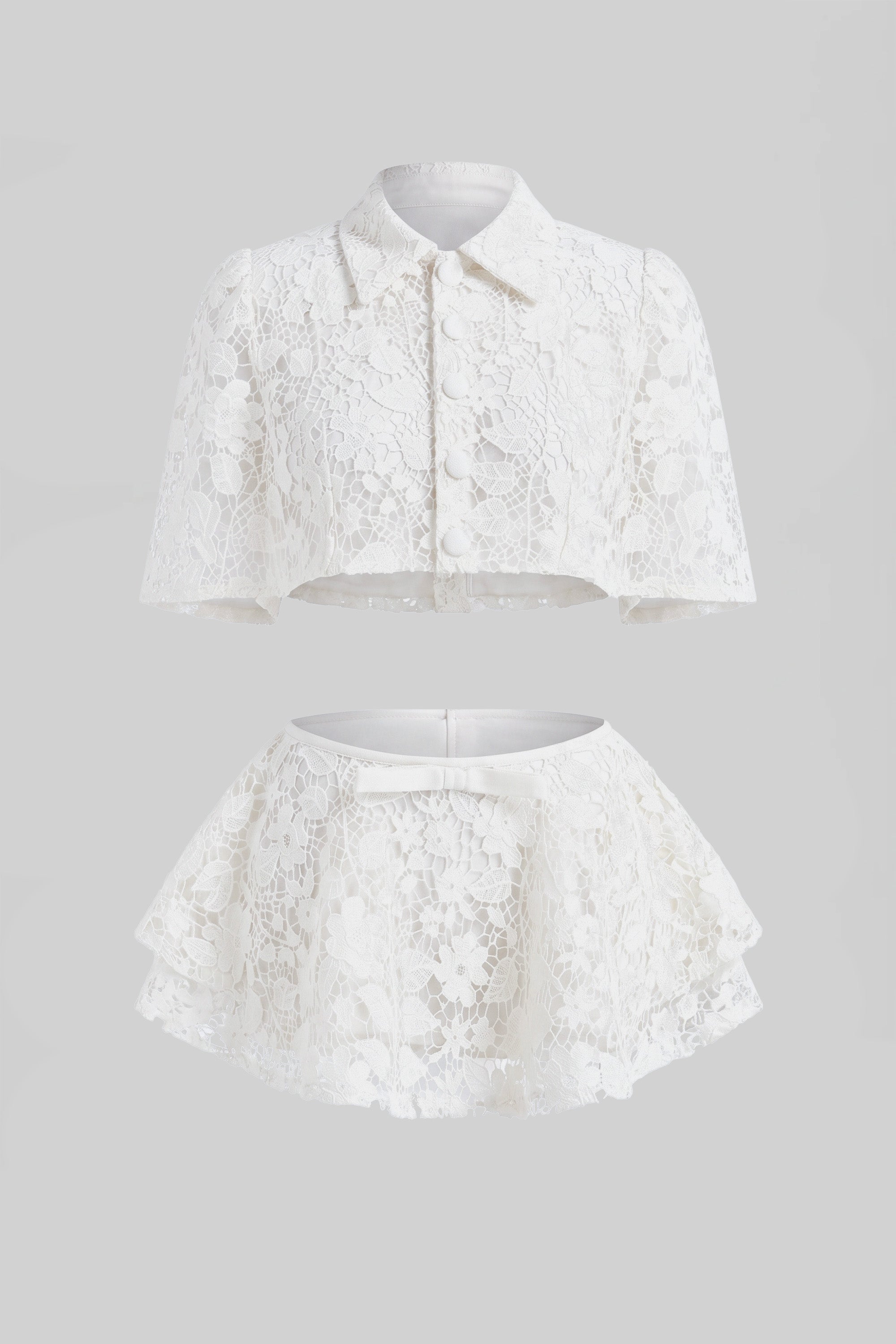 Lace Co-Ord Set With Button Cape And Bow Mini Skirt - White