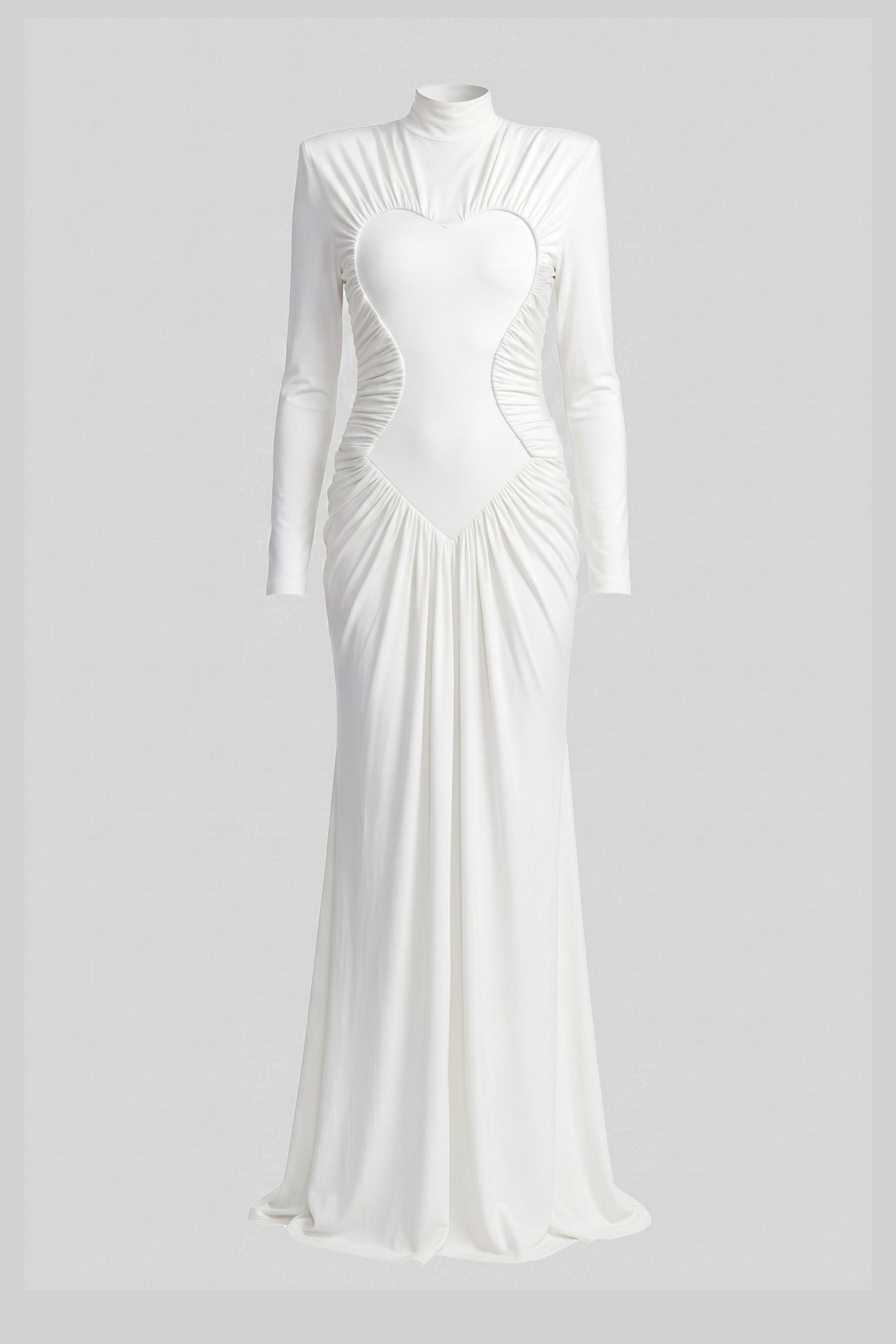 Robe sirène froncée à col montant et manches longues avec drapé diagonal - blanc