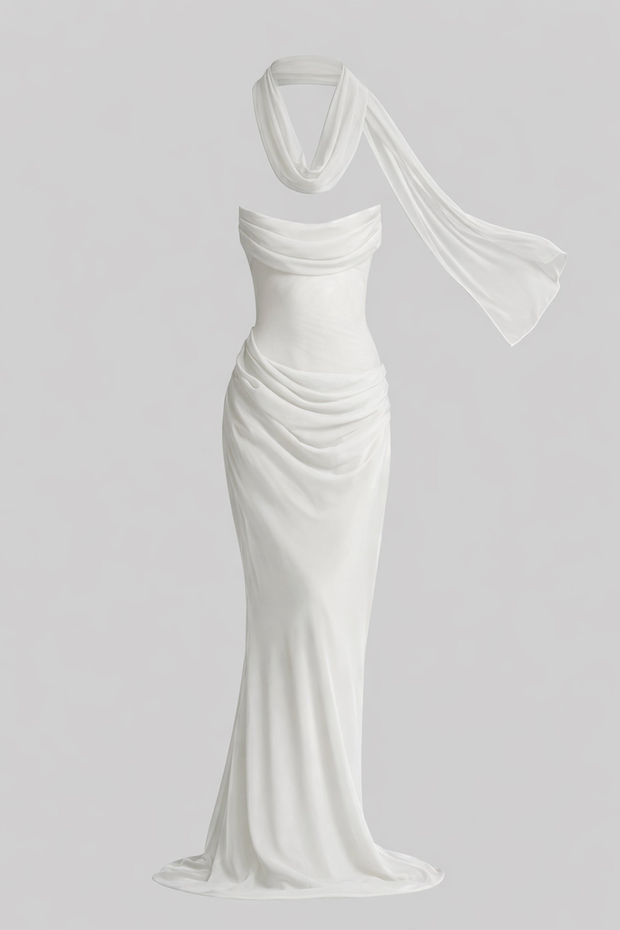 Robe longue drapée bustier avec encolure bénitier et écharpe transparente - blanc