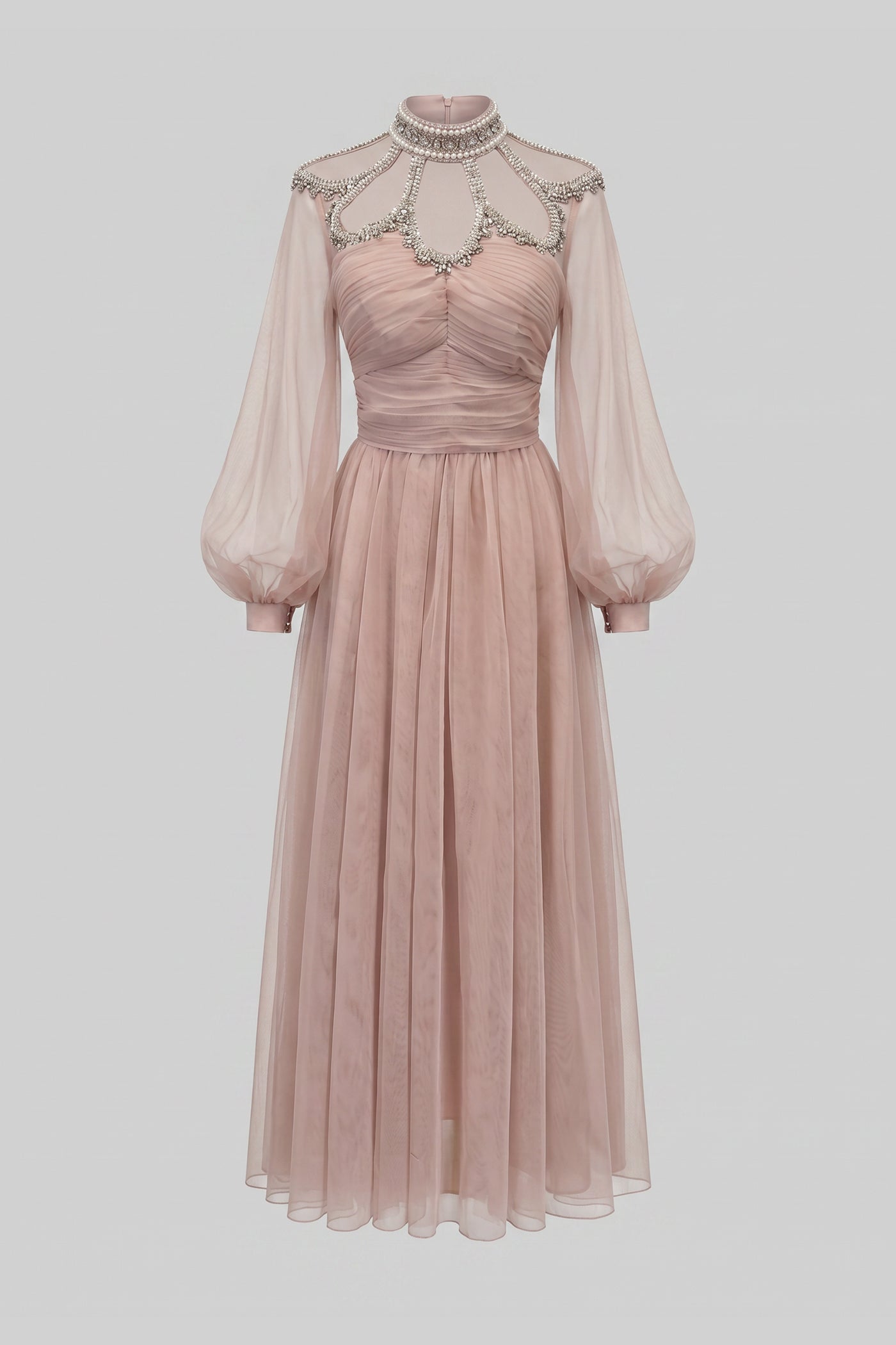 Elegant Dress With Long Sleeves, High Neckline And Ruched Bodice - Peach