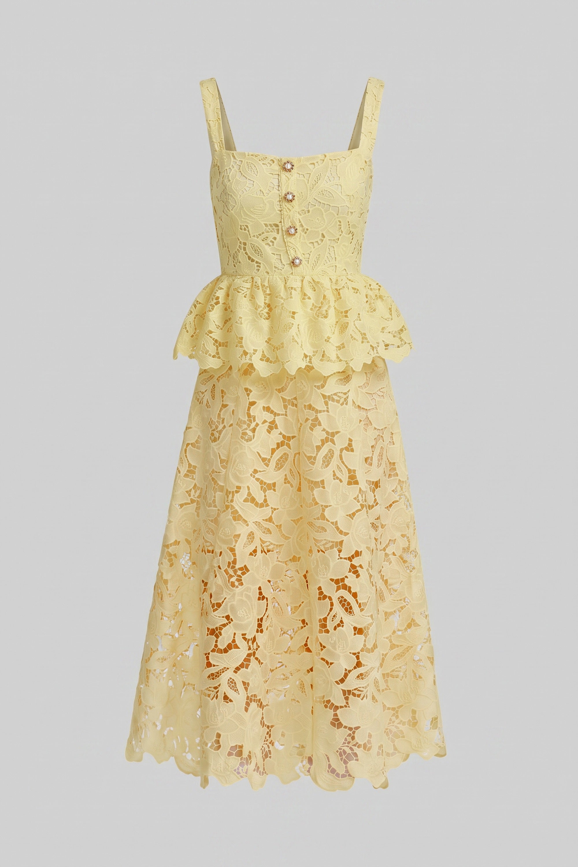 Robe sans manches en dentelle à basque avec jupe midi et boutons dorés - Jaune